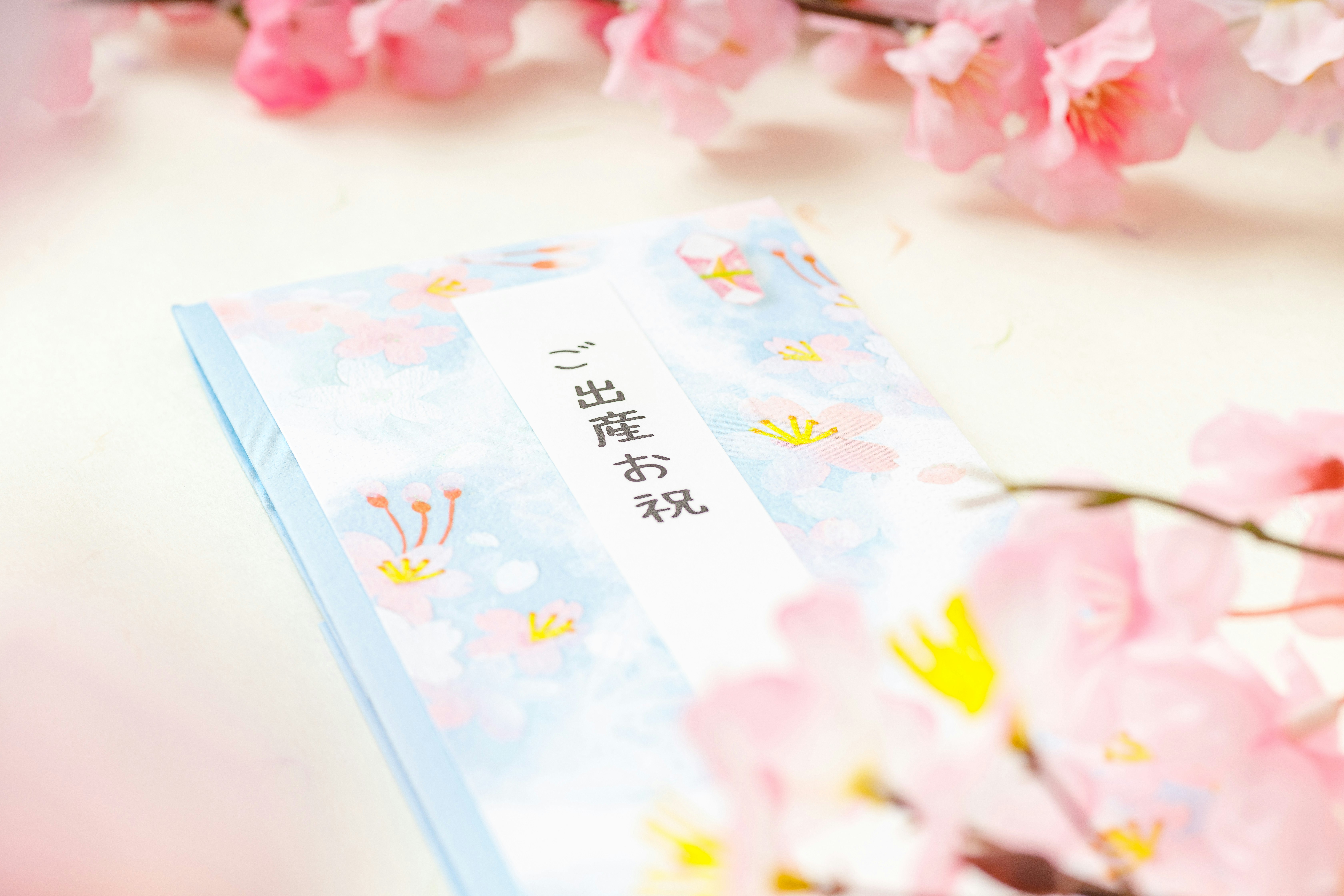 桜の花びらの中のご祝儀袋とお祝いの書かれた小冊子