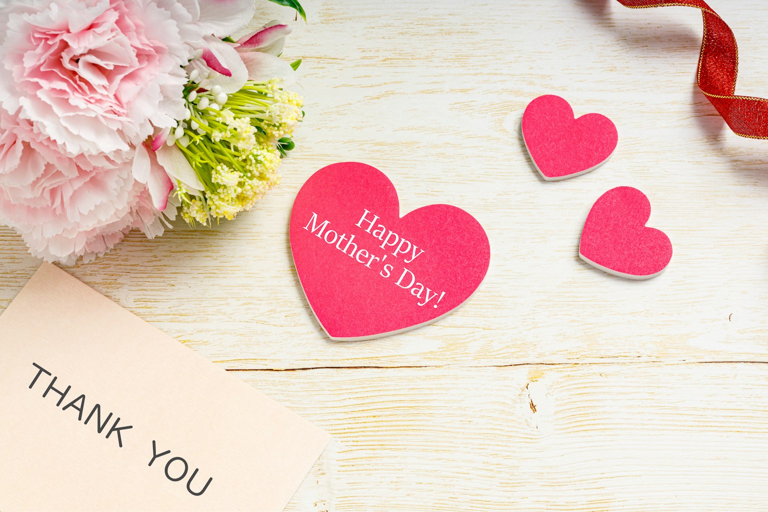 Heart-shaped card wishing Happy Mother's Day with a bouquet of flowers