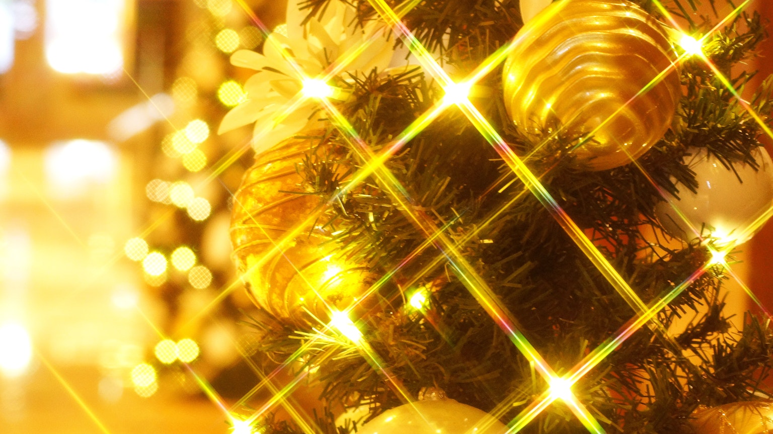 Cây thông Noel trang trí bằng đồ trang trí vàng và đèn sáng lấp lánh