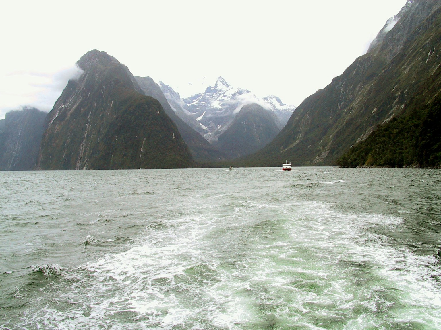 米尔福德峡湾的船上景观，山脉和雪，平静的水面