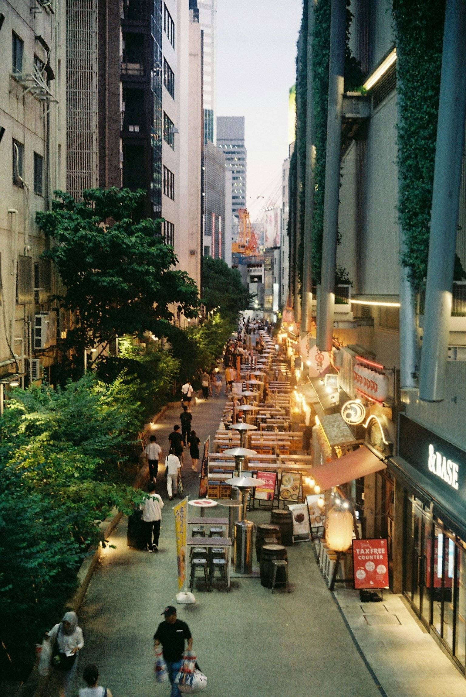 Rue animée bordée de restaurants et d'arbres verts