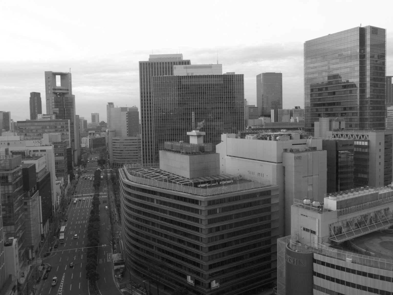 ทิวทัศน์เมืองขาวดำ มีตึกสูงและถนน