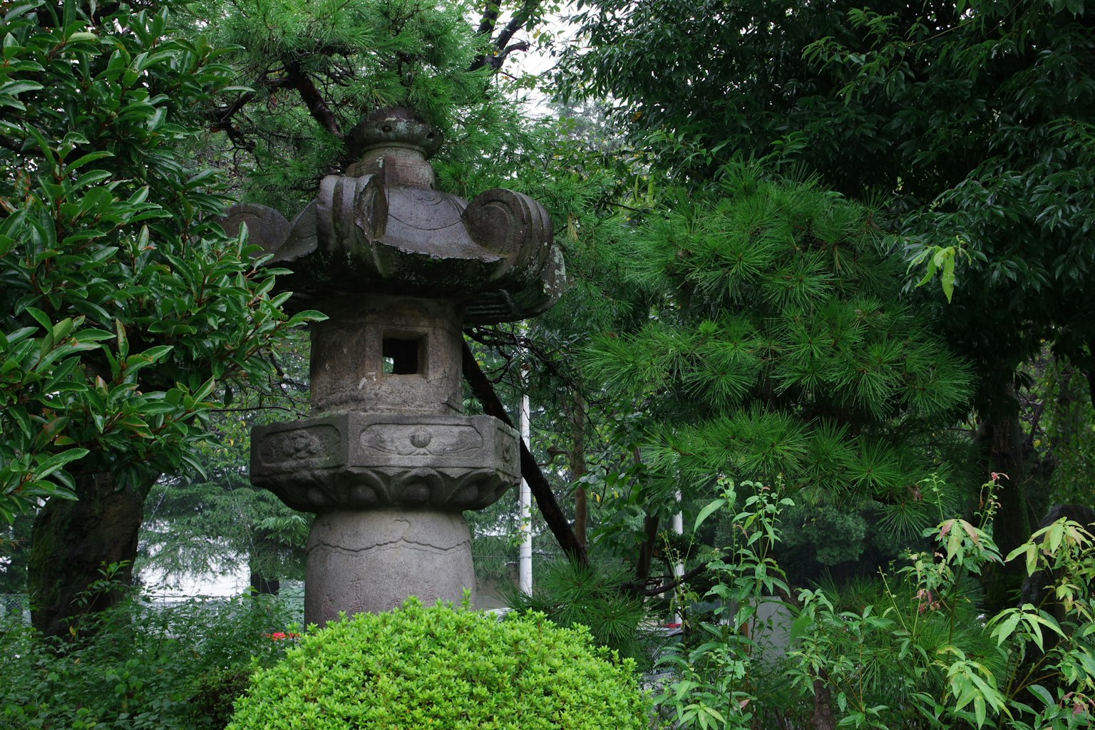 Lanterna di pietra tradizionale in un bel giardino circondata da vegetazione lussureggiante