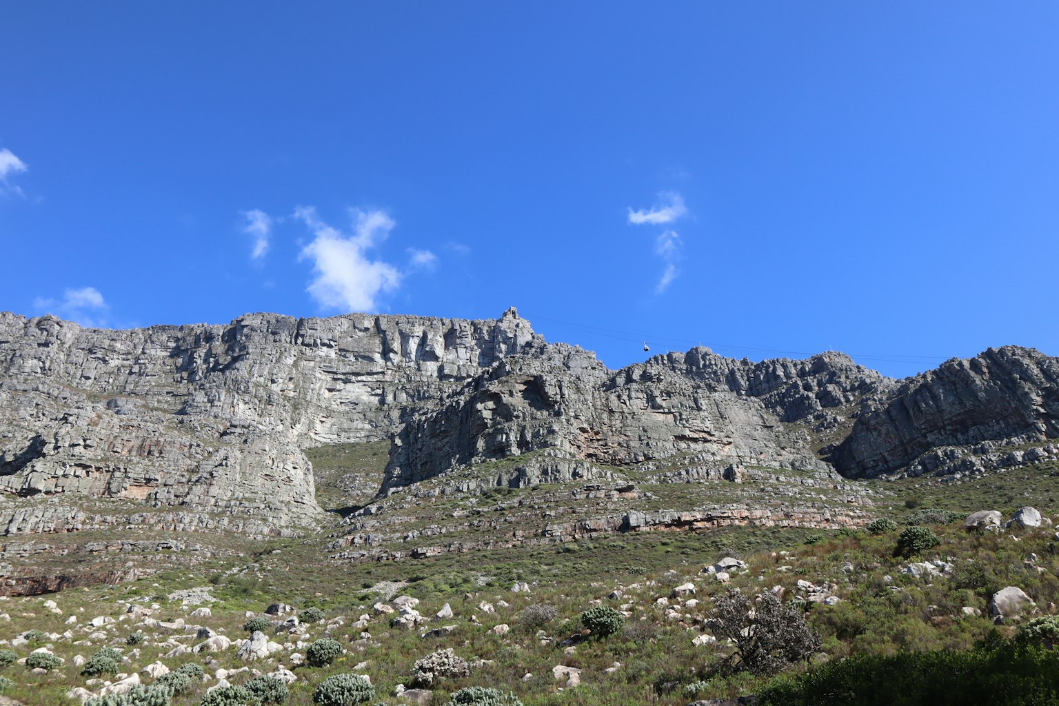 Paisaje montañoso con acantilados rocosos bajo un cielo azul
