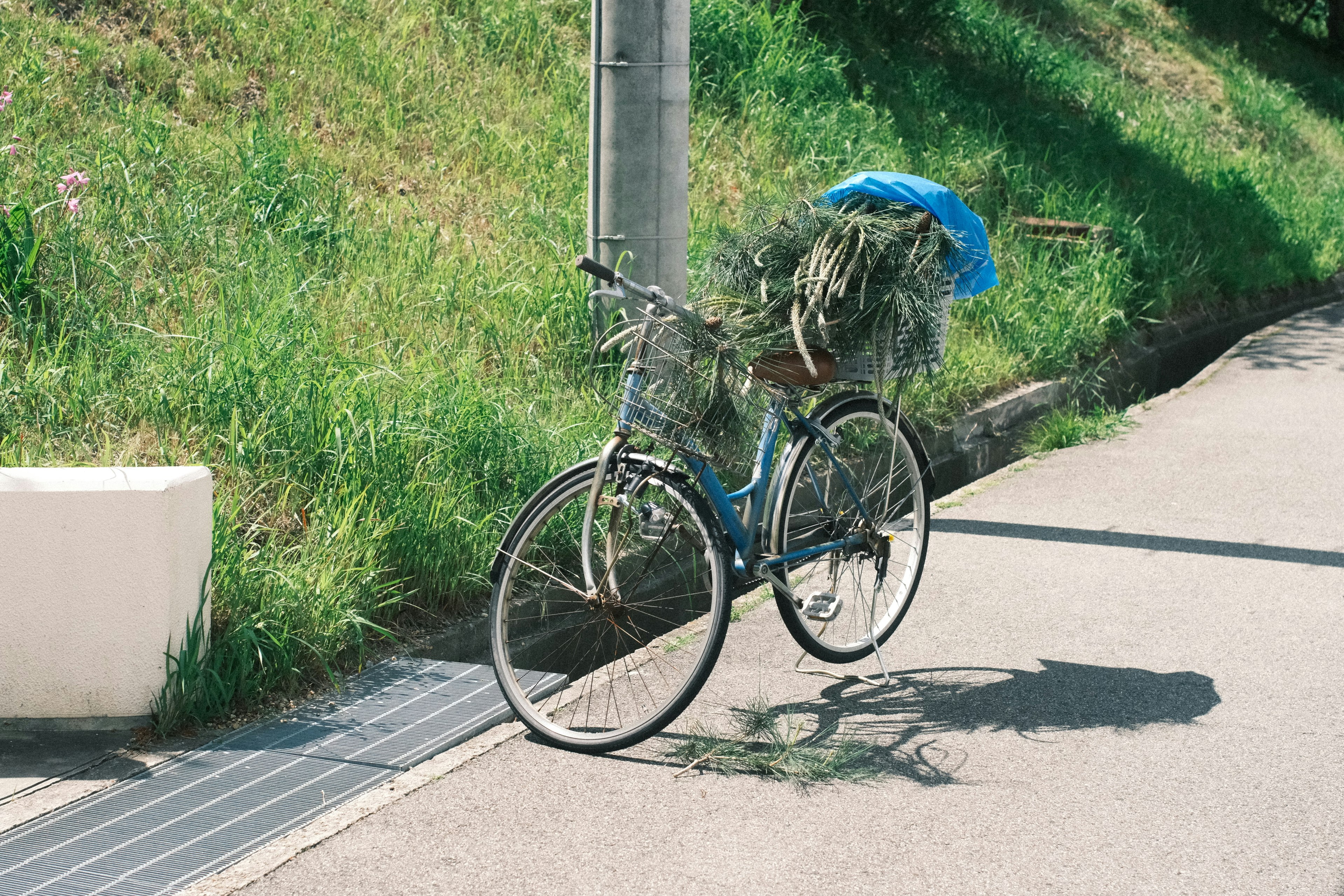 道路脇の自転車と青い荷物カバー