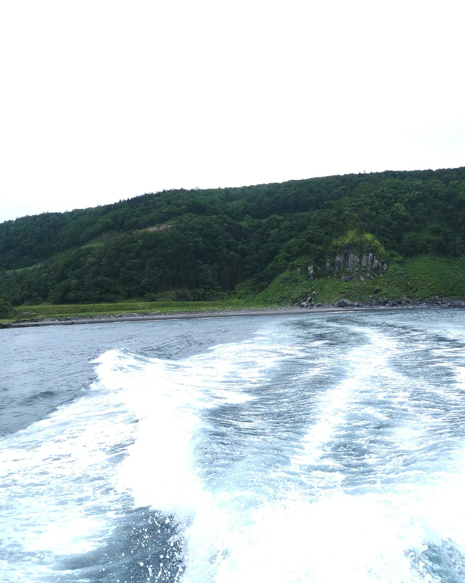Malersicher Blick auf das ruhige Meer und grüne Hügel mit sichtbarem Bootswake