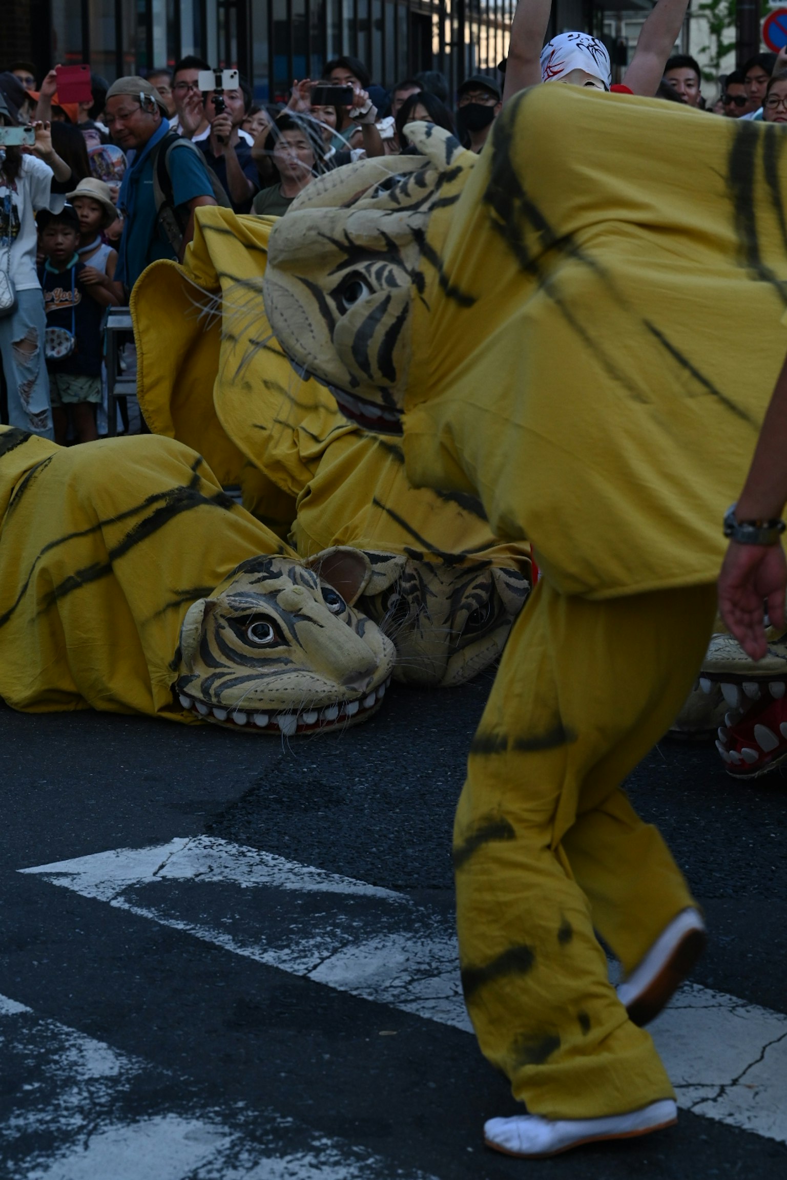 Artisti in costumi di tigre gialla che sfilano per la strada