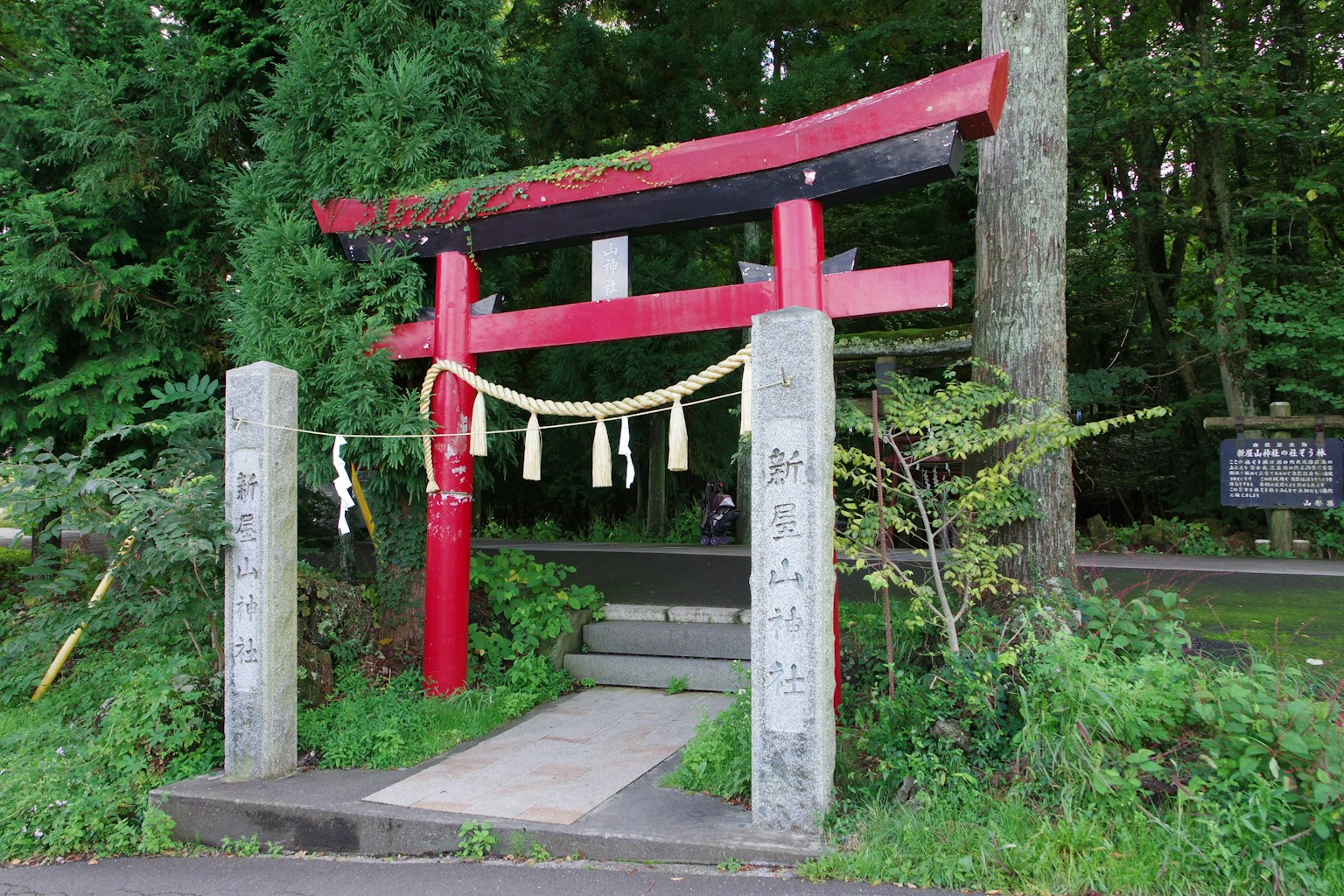 Un cancello torii rosso con alberi verdi sullo sfondo all'ingresso di un santuario