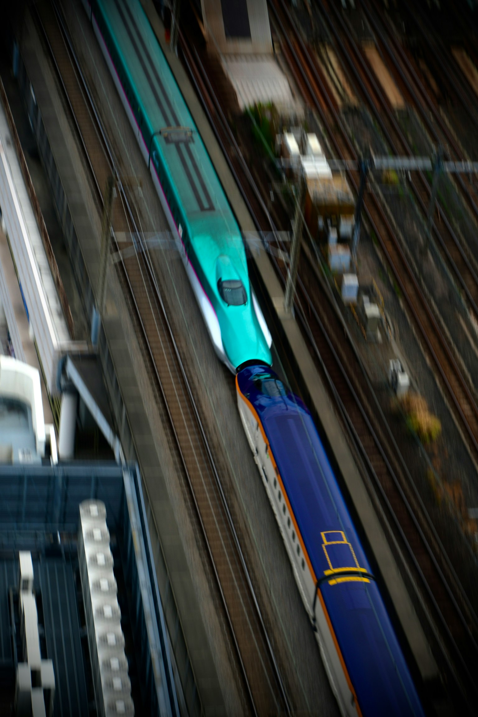 Một chiếc Shinkansen màu xanh và một chiếc tàu màu tím chạy song song trên các đường ray cao