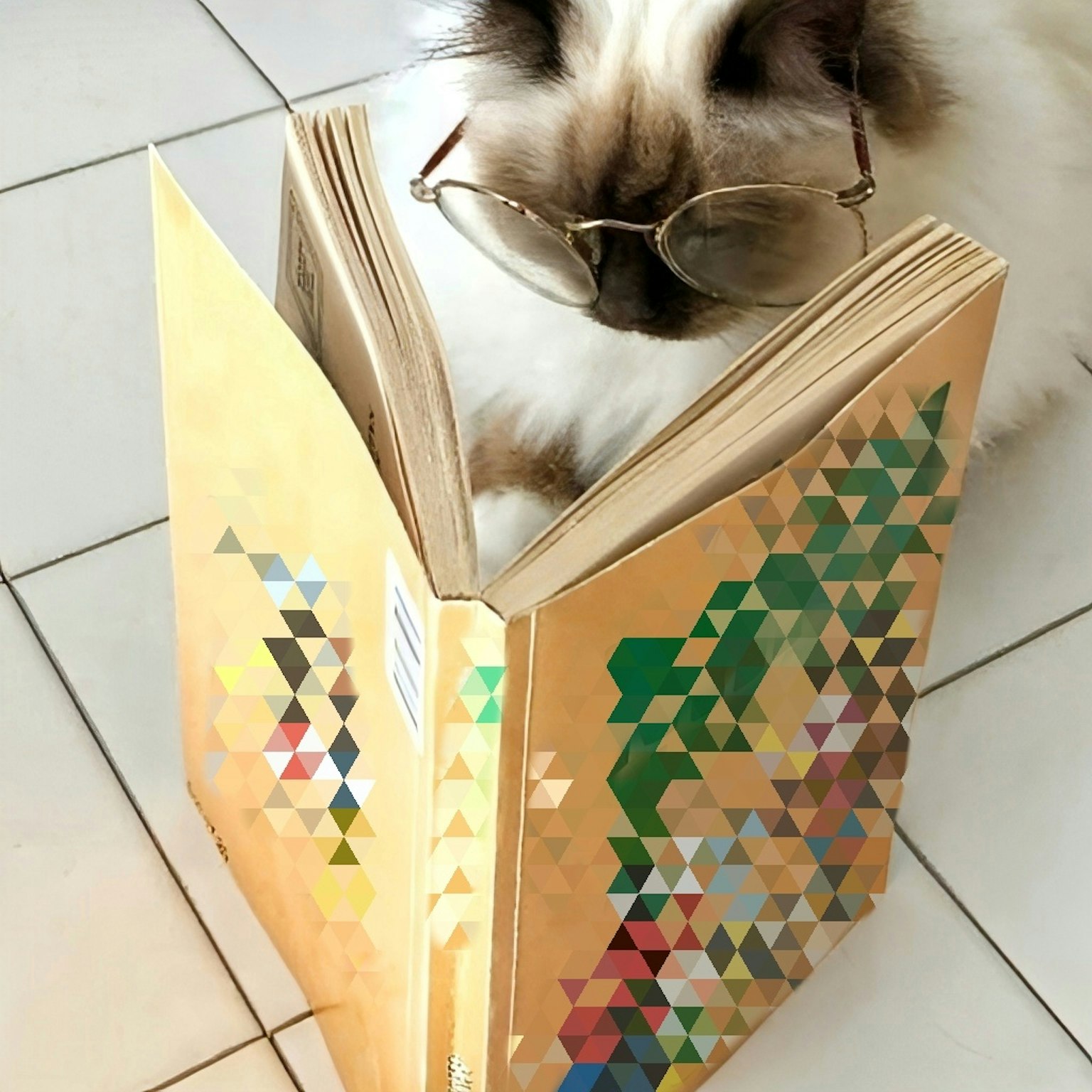 Katze mit Brille schaut auf ein offenes Buch