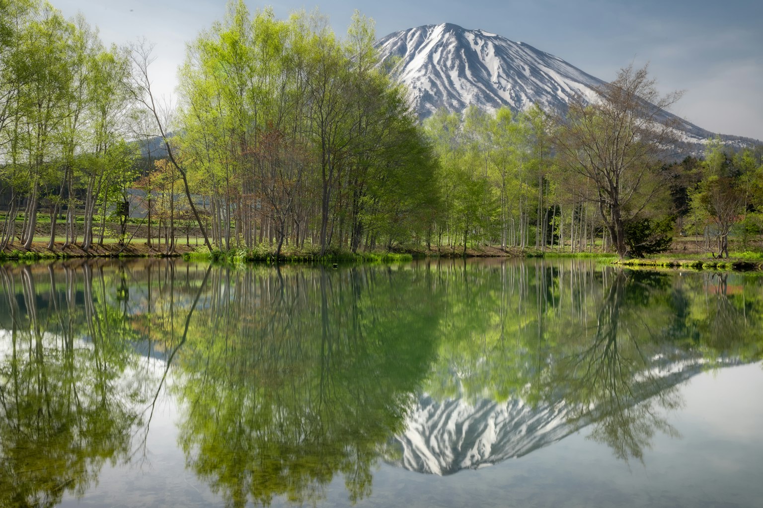 Vista panoramica di una montagna innevata e alberi verdi che si riflettono in un lago tranquillo