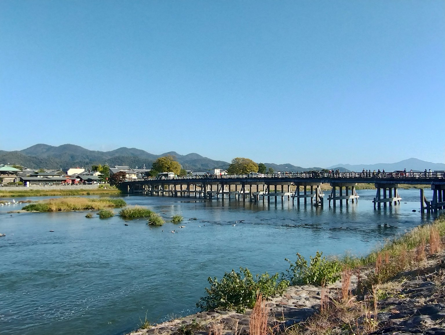 晴朗藍天下木橋與河流的風景
