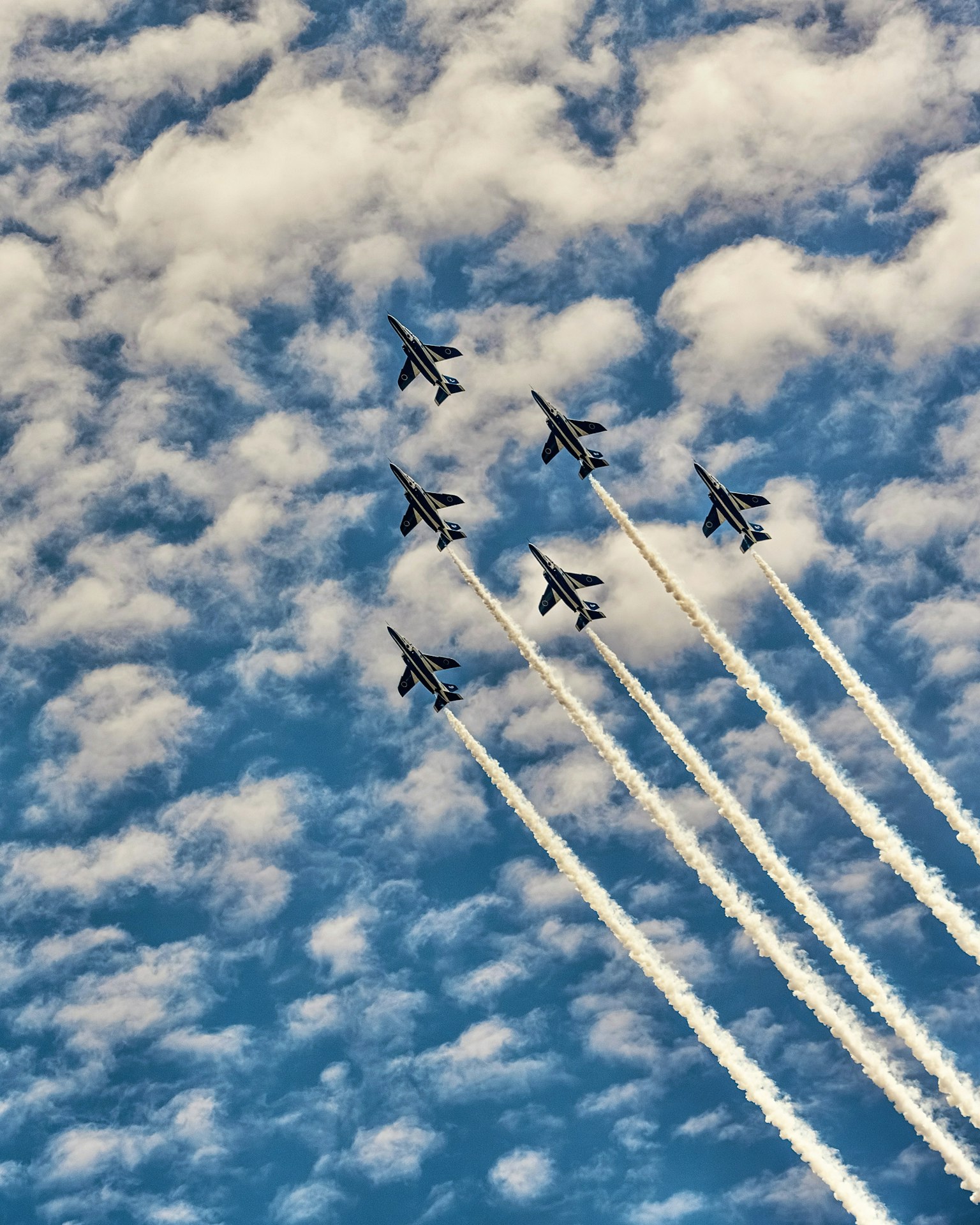 Aviones volando en formación contra un cielo azul con estelas de vapor blancas