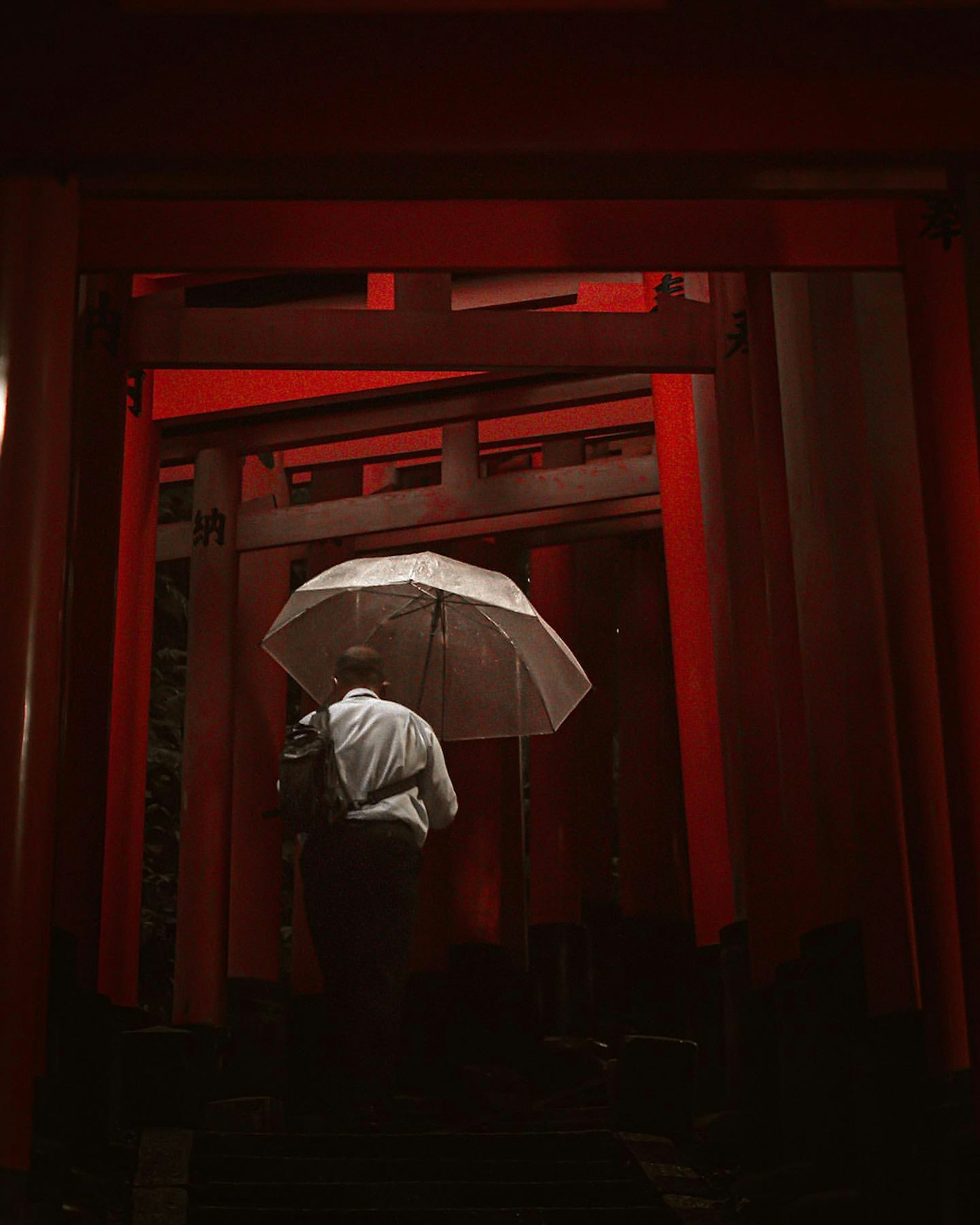 Một người cầm ô đi dưới cổng torii màu đỏ