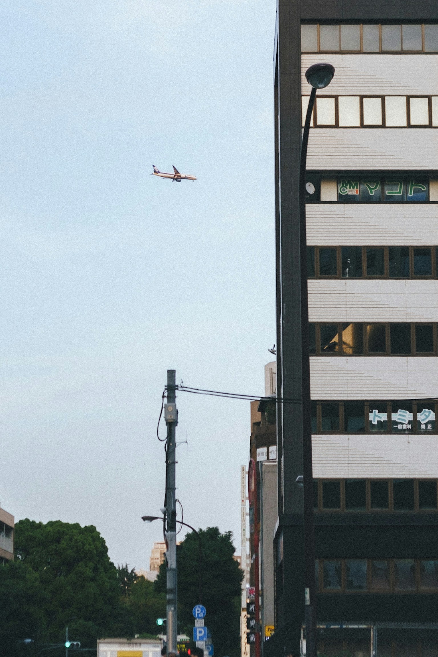 一架小飞机在城市建筑上空飞行