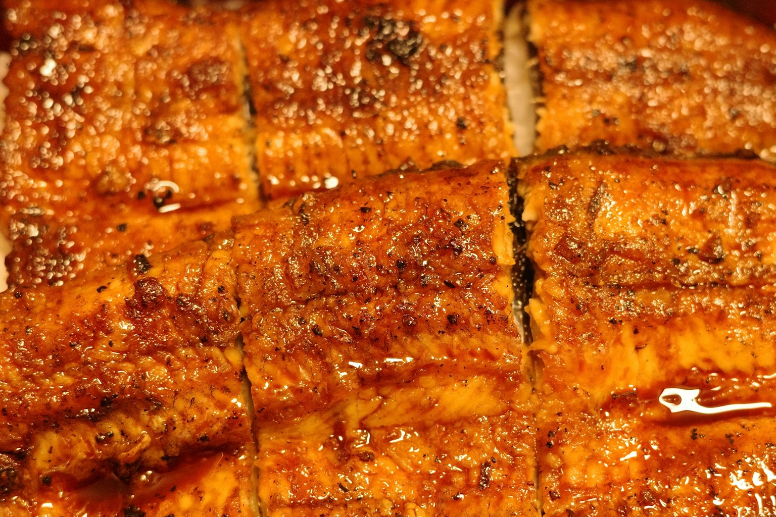 Tranches d'anguille grillée brillantes de sauce