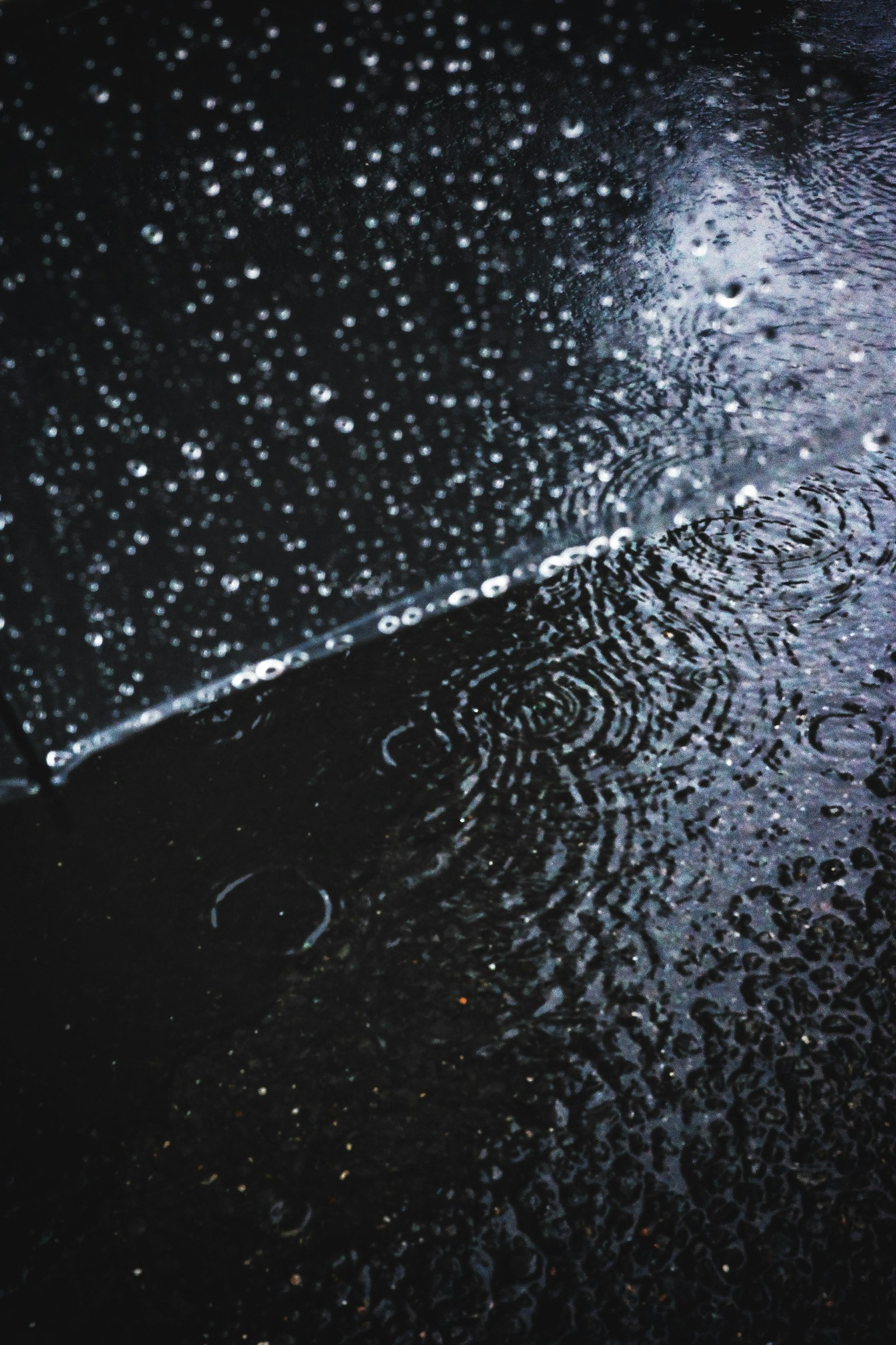 Des gouttes de pluie tombant sur une surface sombre créant des ondulations et des reflets
