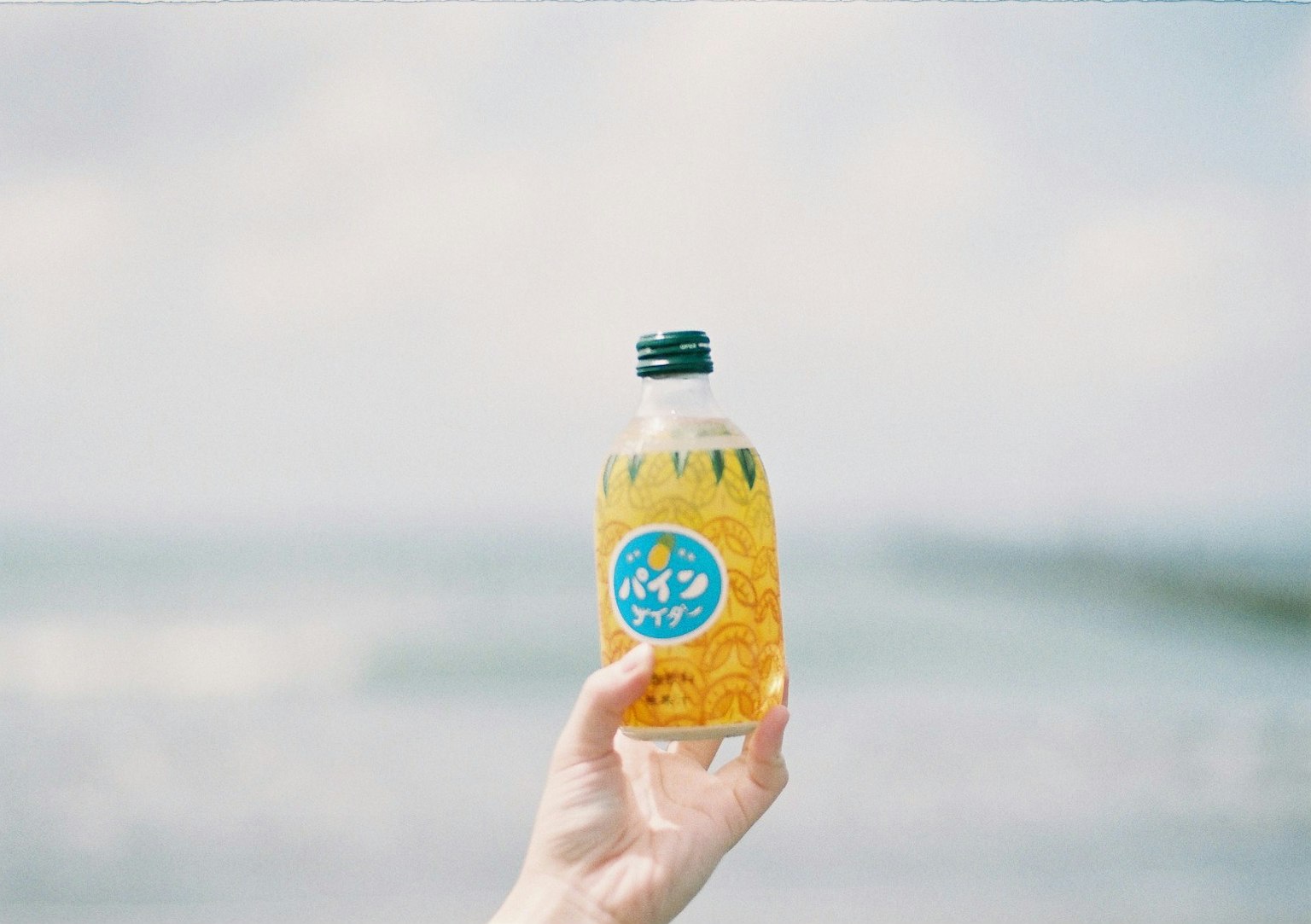 海滩背景下握着的菠萝味饮料瓶