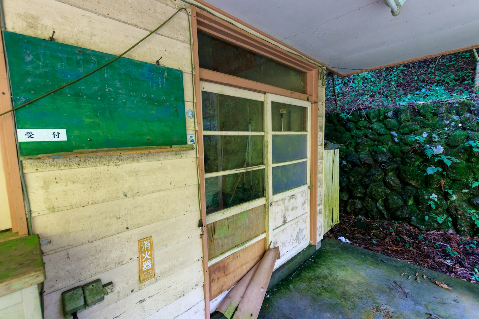 Entrata di una vecchia casa con un segnale verde circondata dalla natura
