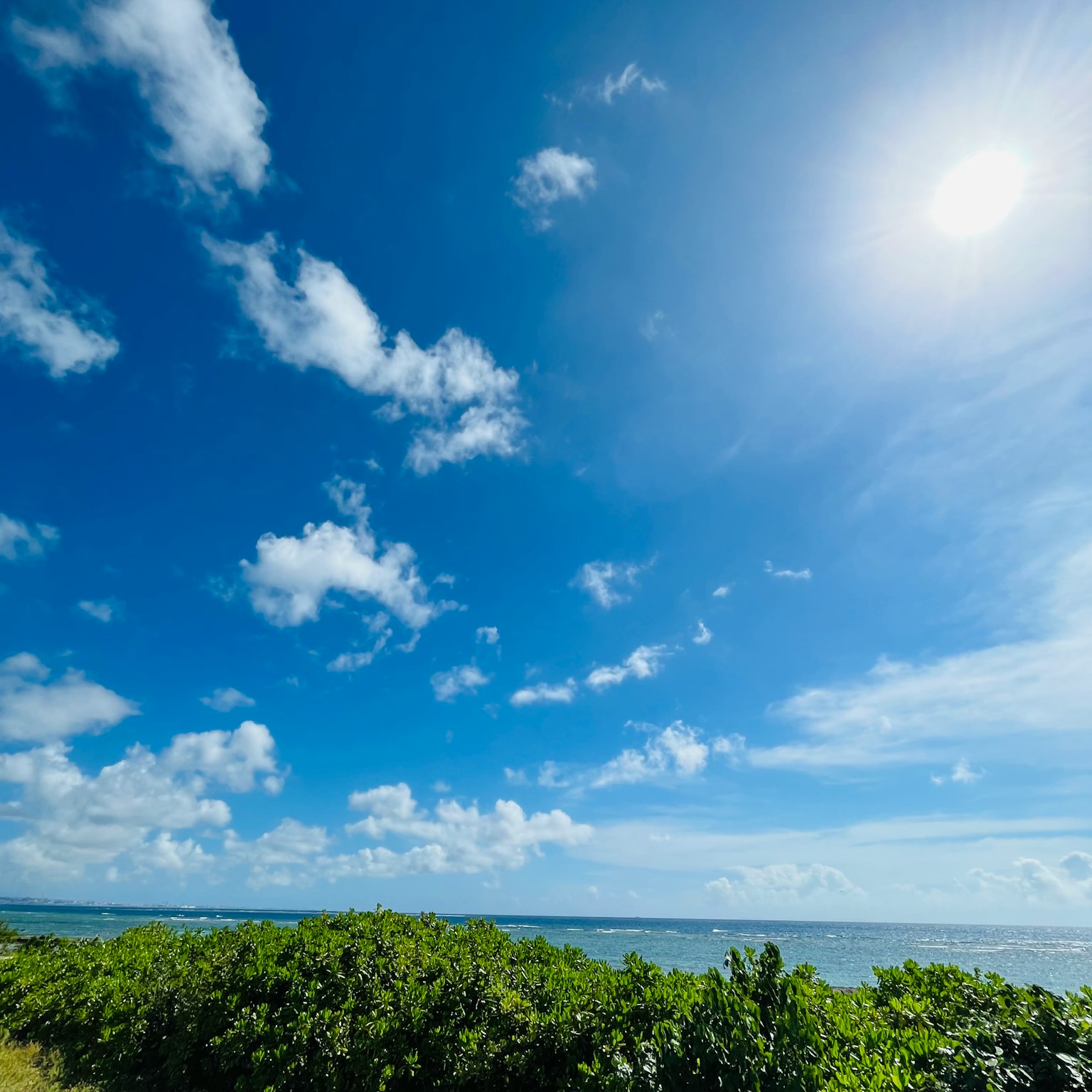 Coastal landscape with a blue sky and white clouds bright sun shining