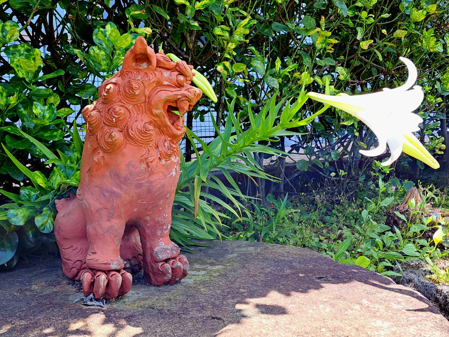 Statua di leone in ceramica seduta tra il fogliame verde