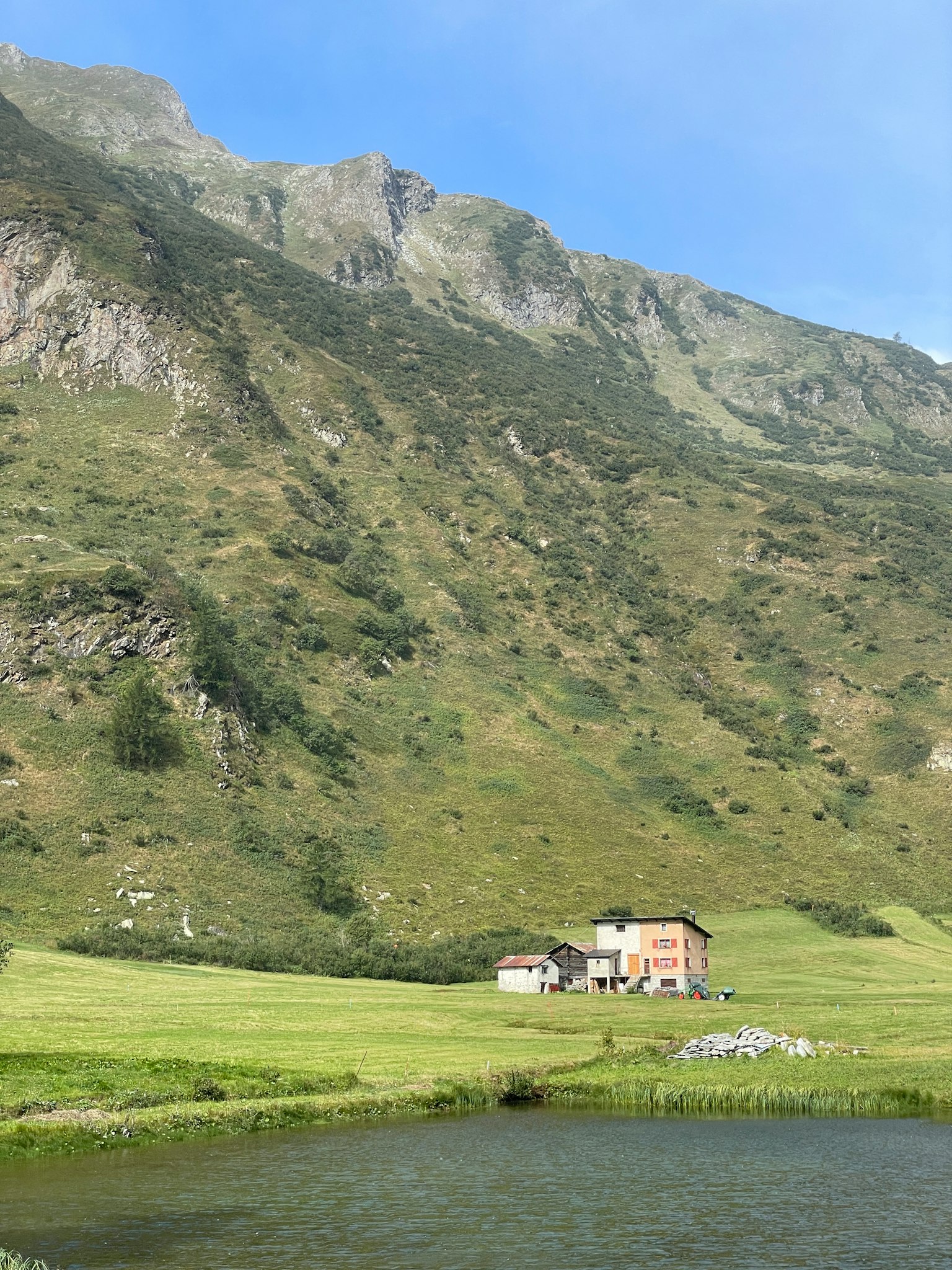 Una casa immersa in un prato verde con montagne sullo sfondo