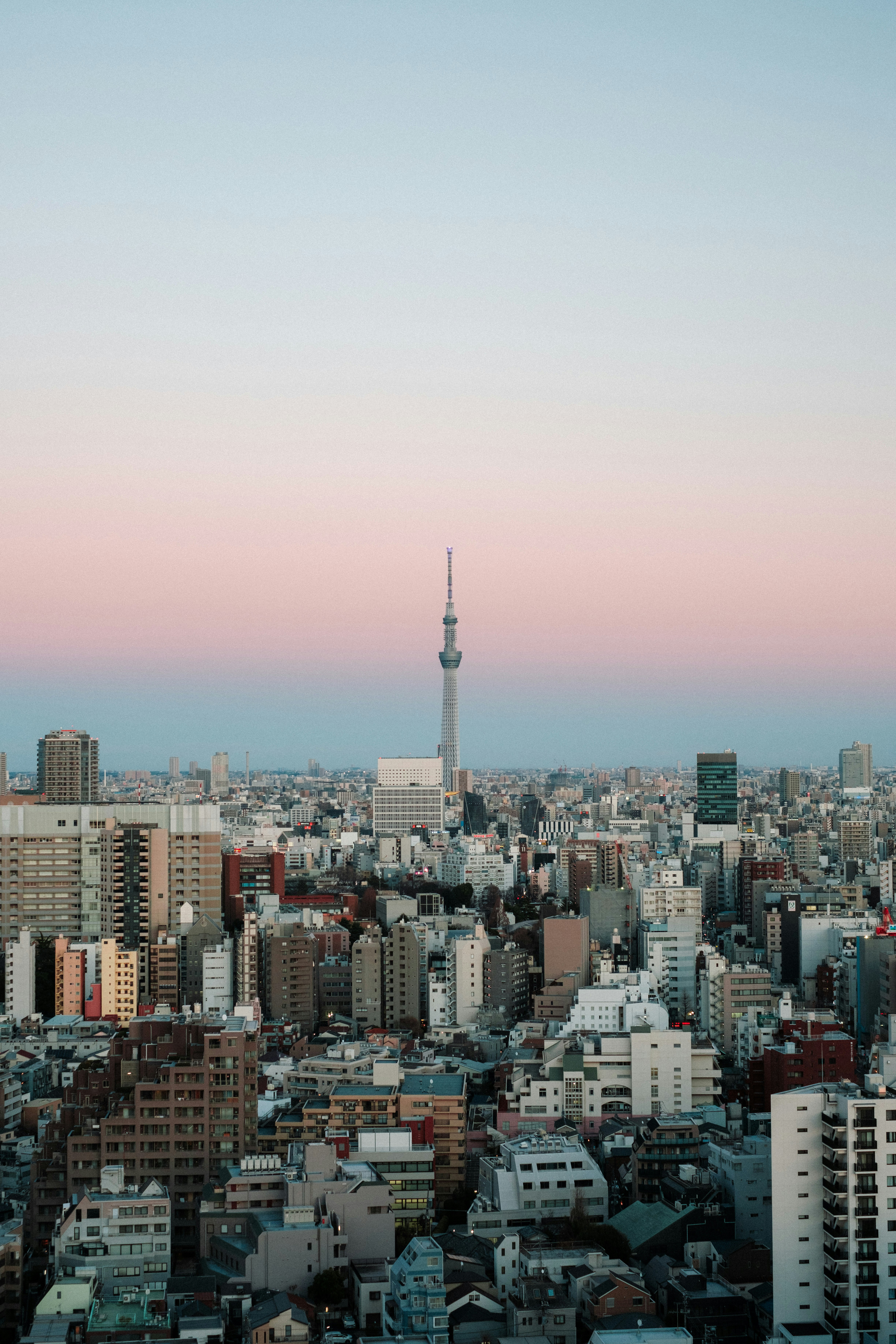 夕空の下、都心の高層ビルと街並み