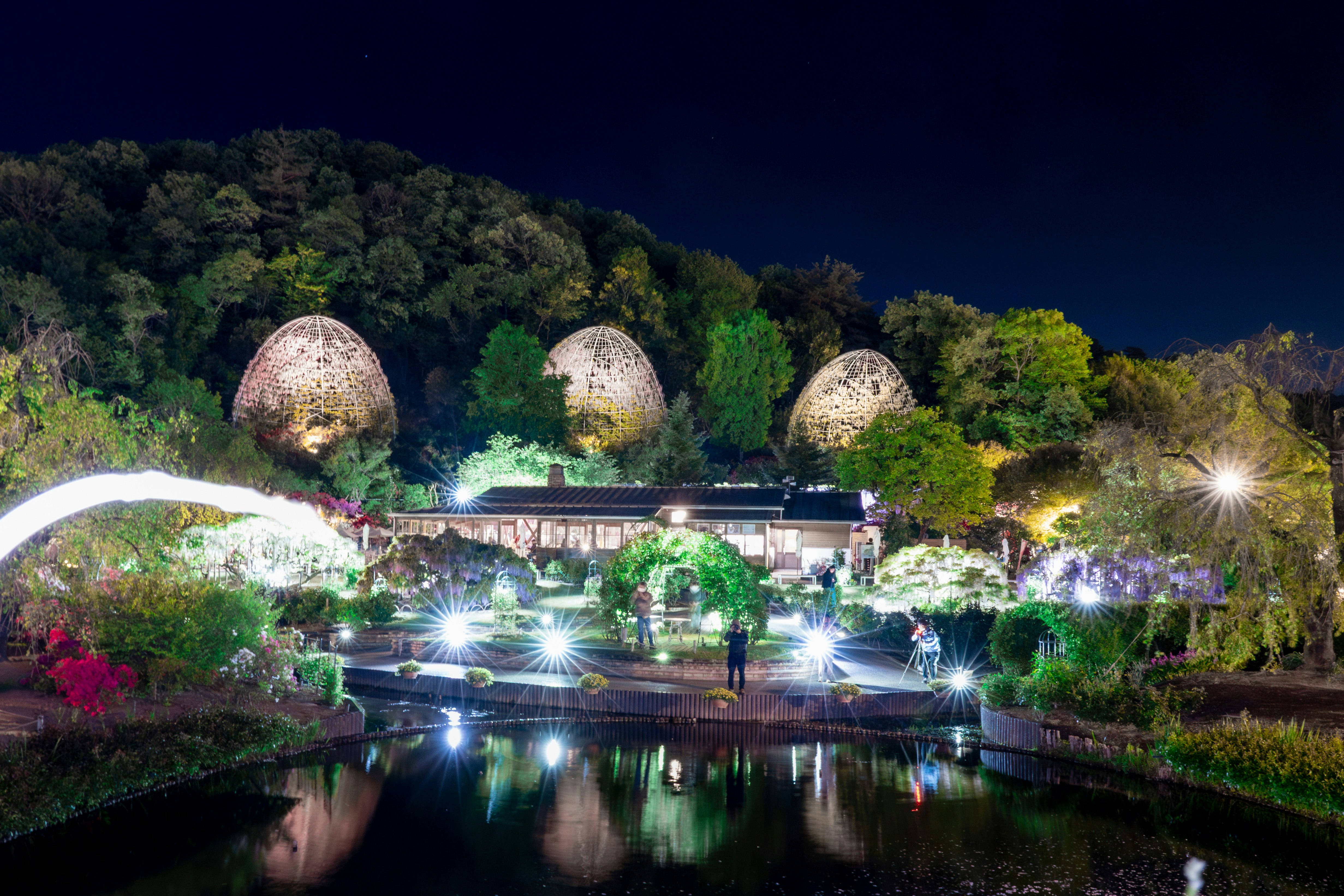 夜晚花園池塘與燈光照亮的石質圓頂
