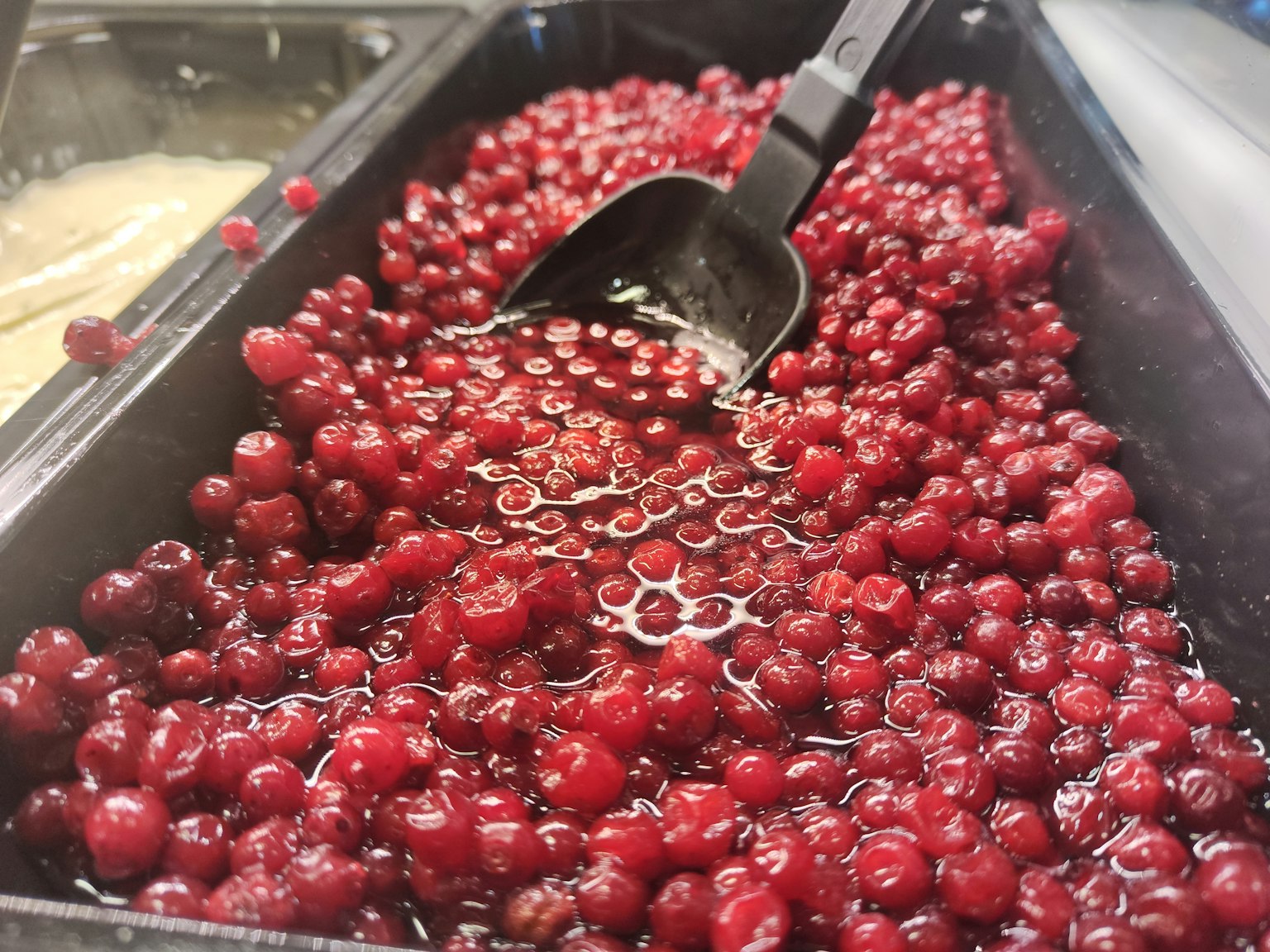 Vibrant red cranberries in a container with a scoop
