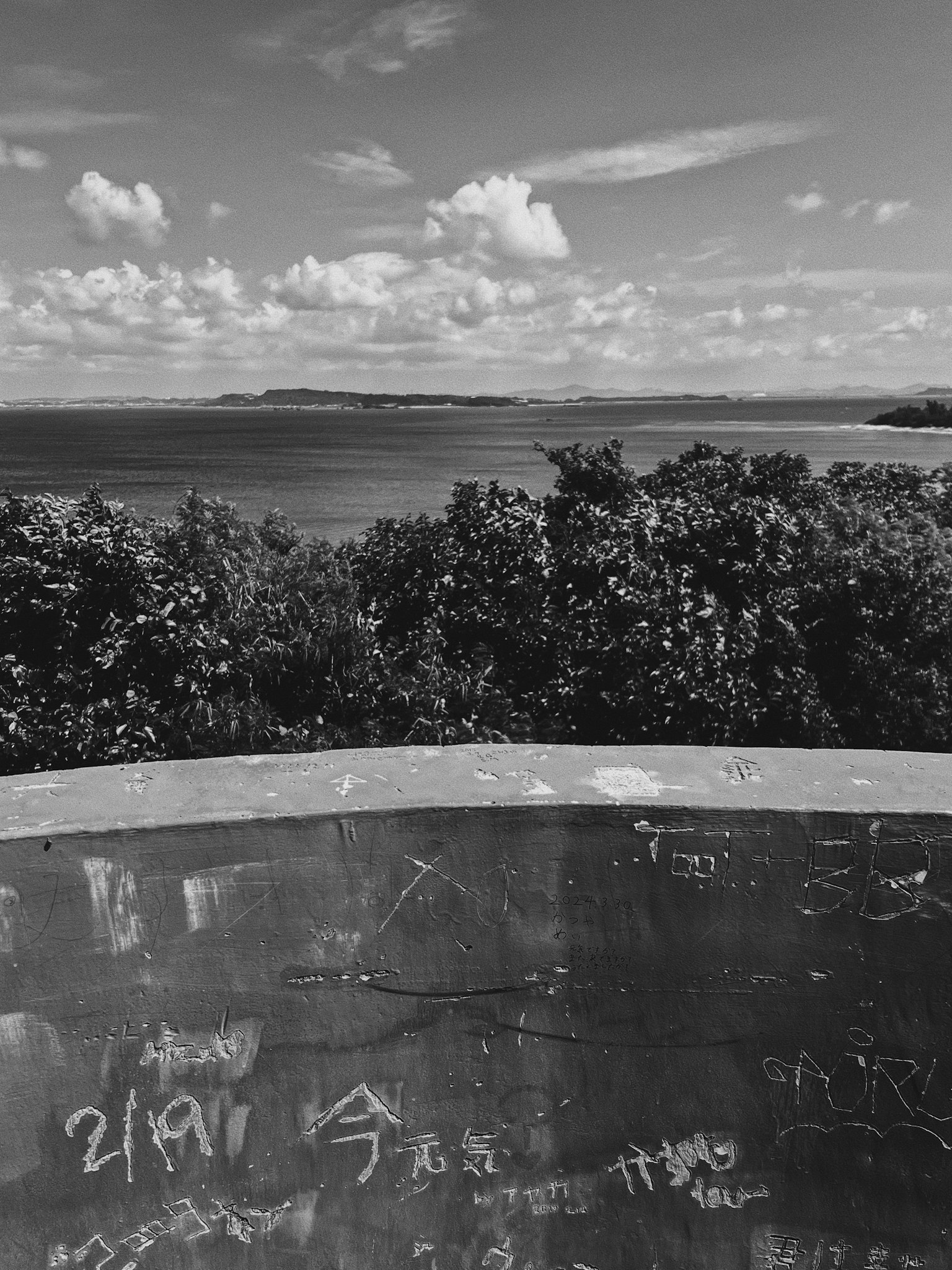 Mur couvert de graffitis surplombant une vue pittoresque de la mer et des nuages