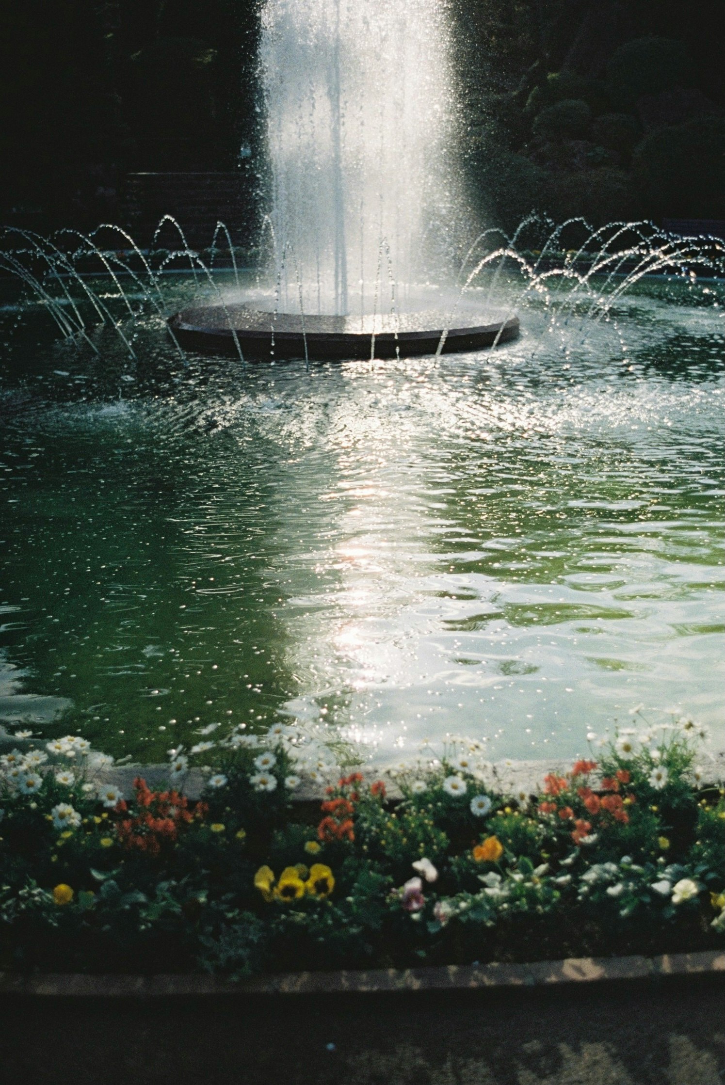 Außengarten mit Springbrunnen und Blumenbeet