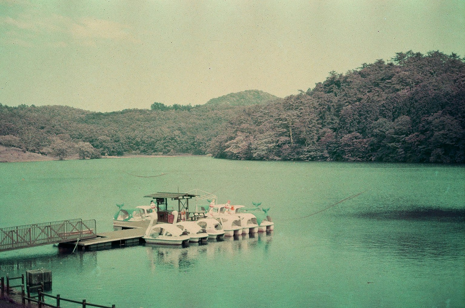 Serene lake view with boats docked near green hills
