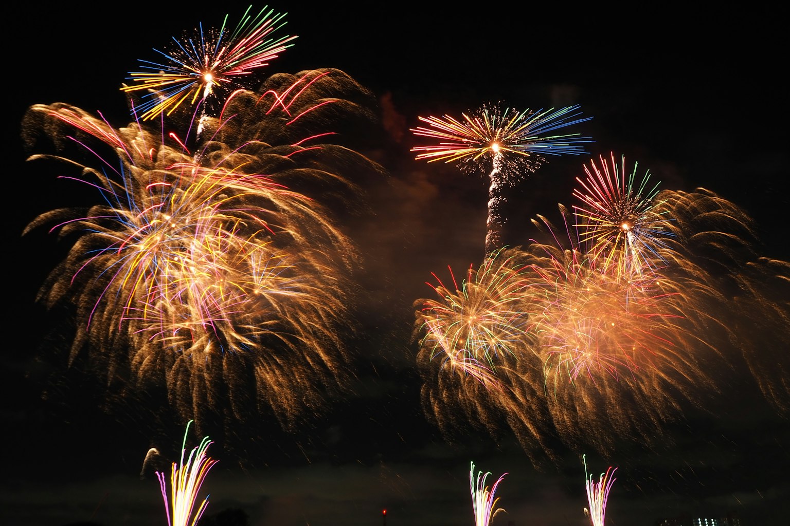 ดอกไม้ไฟหลากสีที่ระเบิดในท้องฟ้ายามค่ำคืนสร้างการแสดงที่น่าทึ่ง