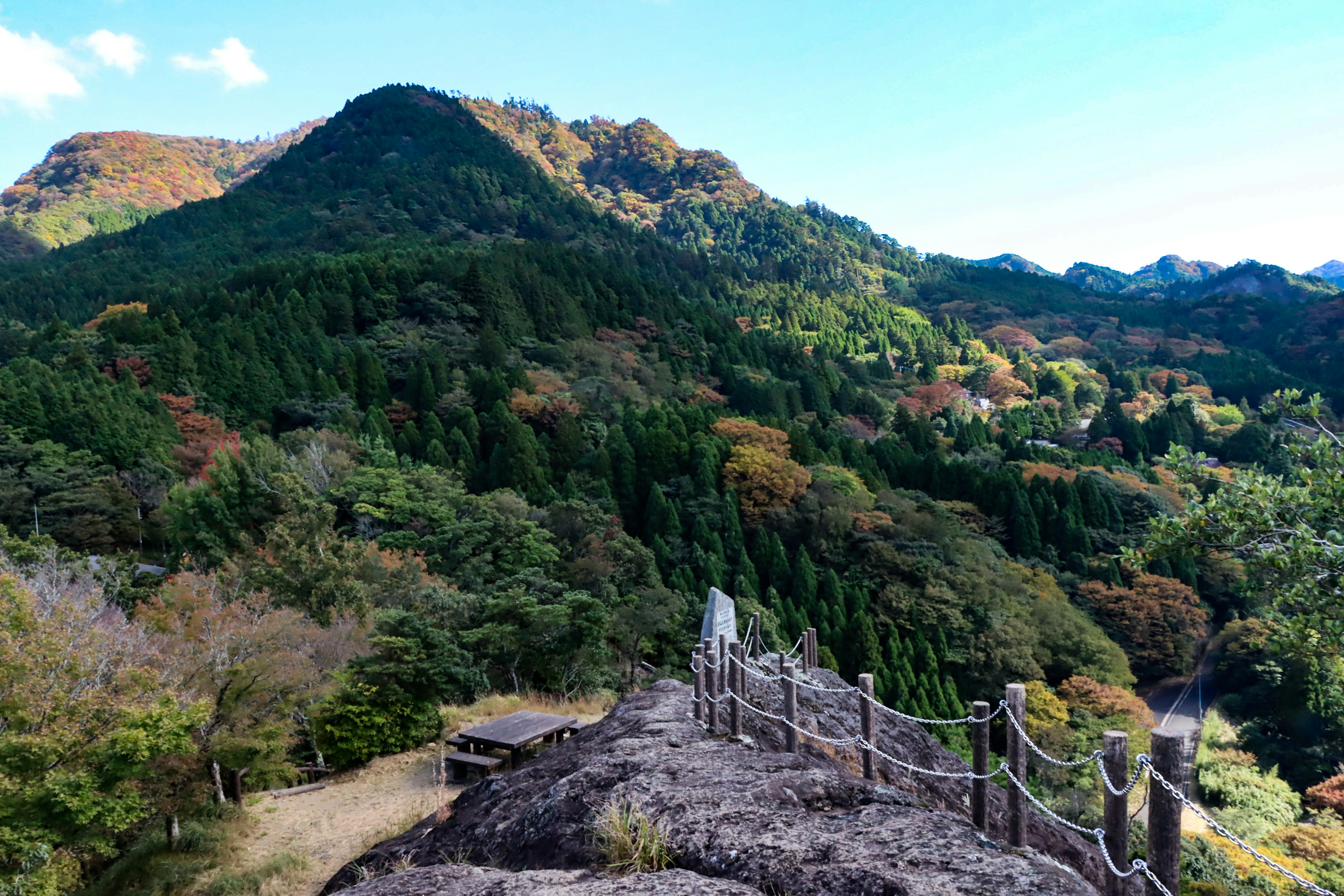 山並みと渓谷を見下ろす展望の石段と柵のある道