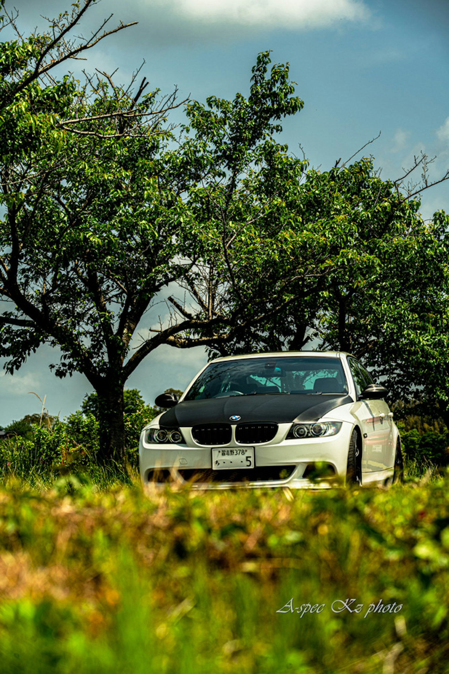 A white BMW parked in a green field with trees in the background