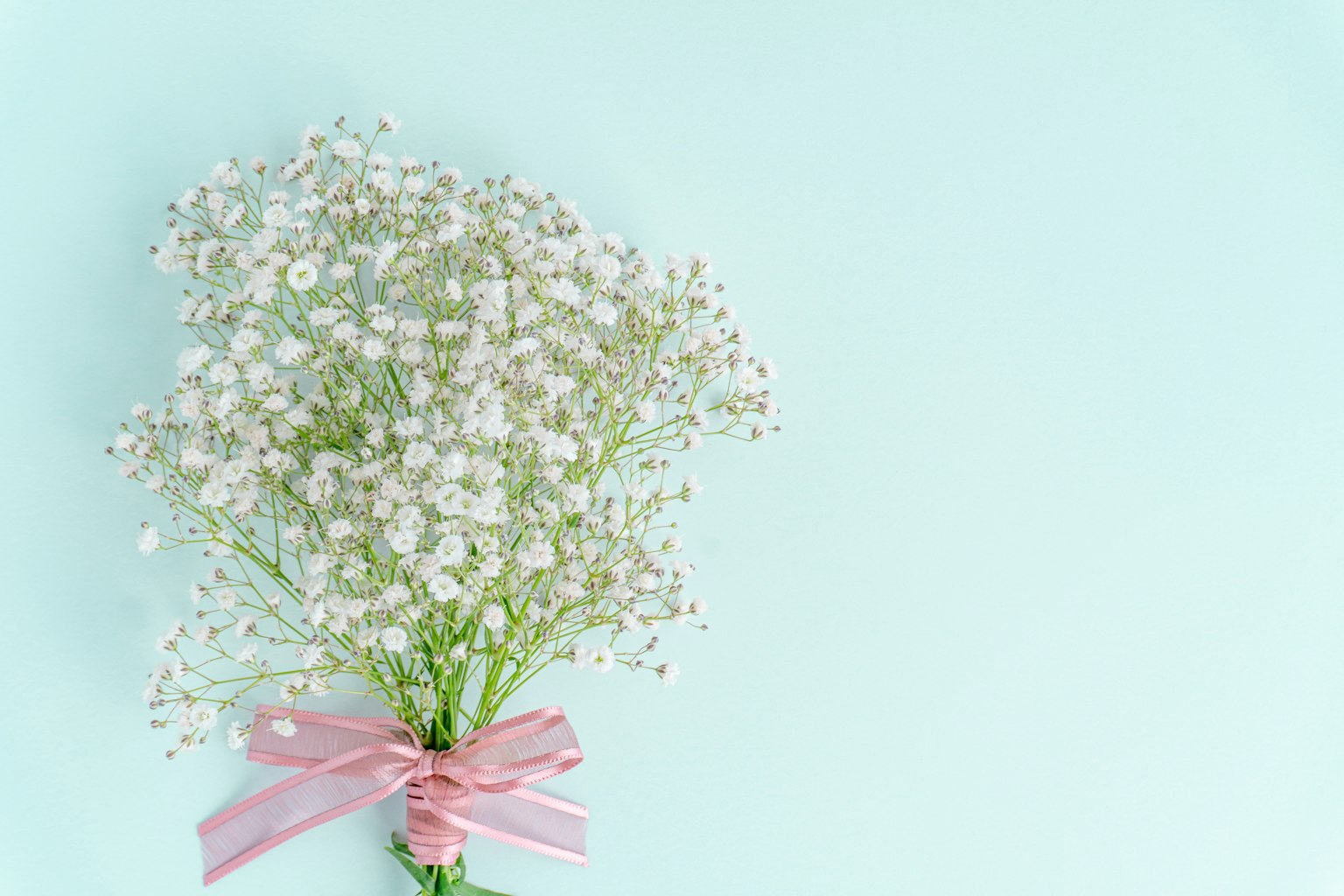 Un petit bouquet de fleurs blanches attaché avec un ruban rose sur un fond bleu clair