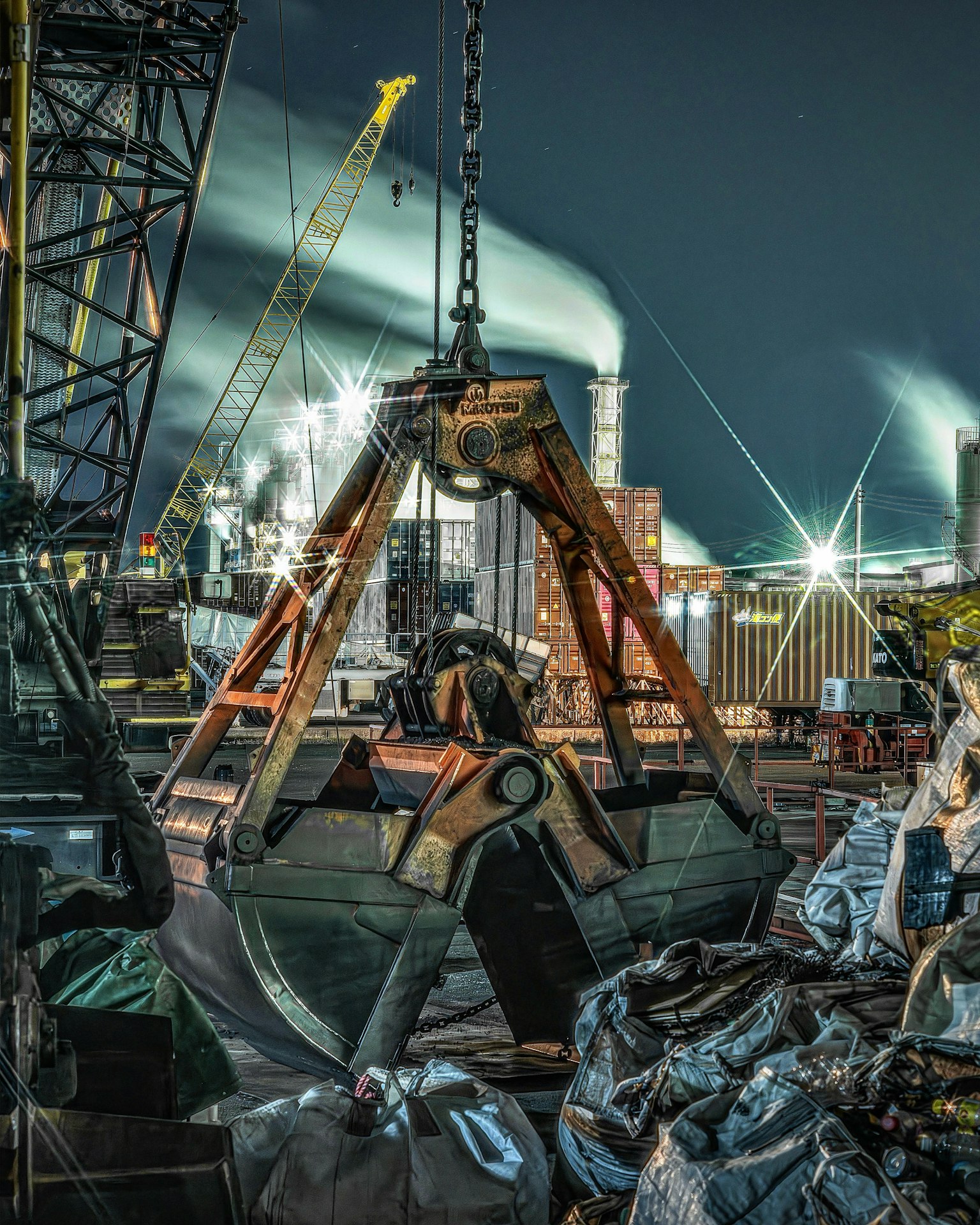Pemandangan malam di lokasi konstruksi dengan crane mengangkat muatan