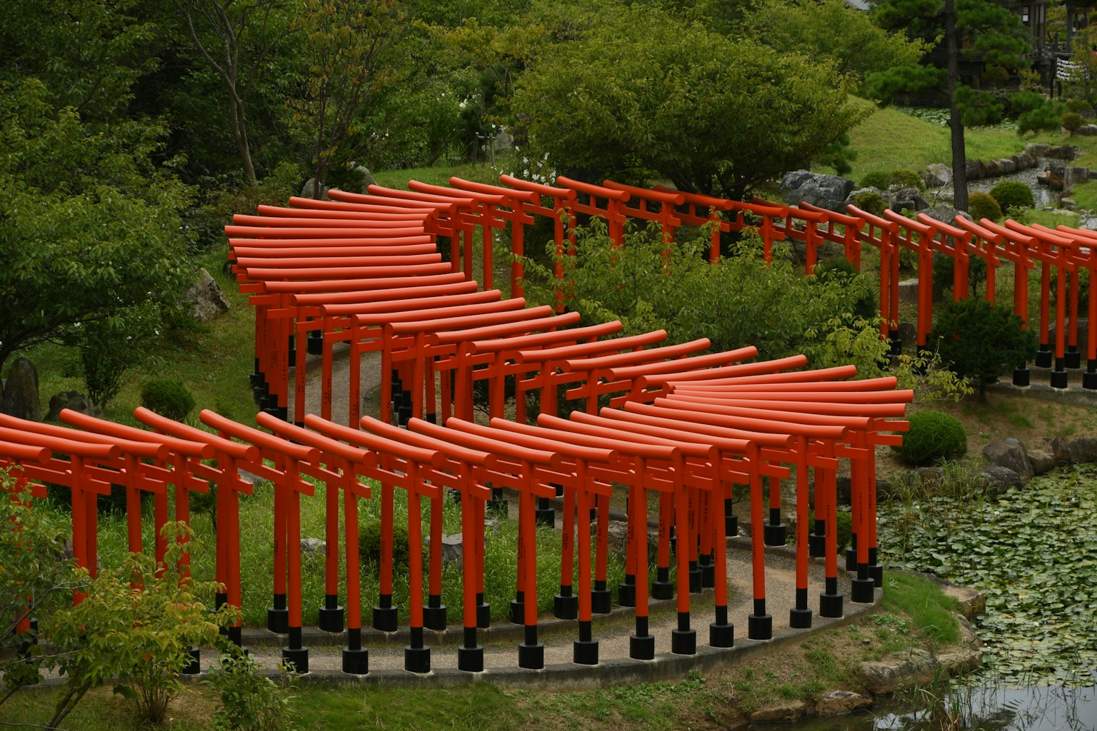 綠色花園中的紅色鳥居曲徑
