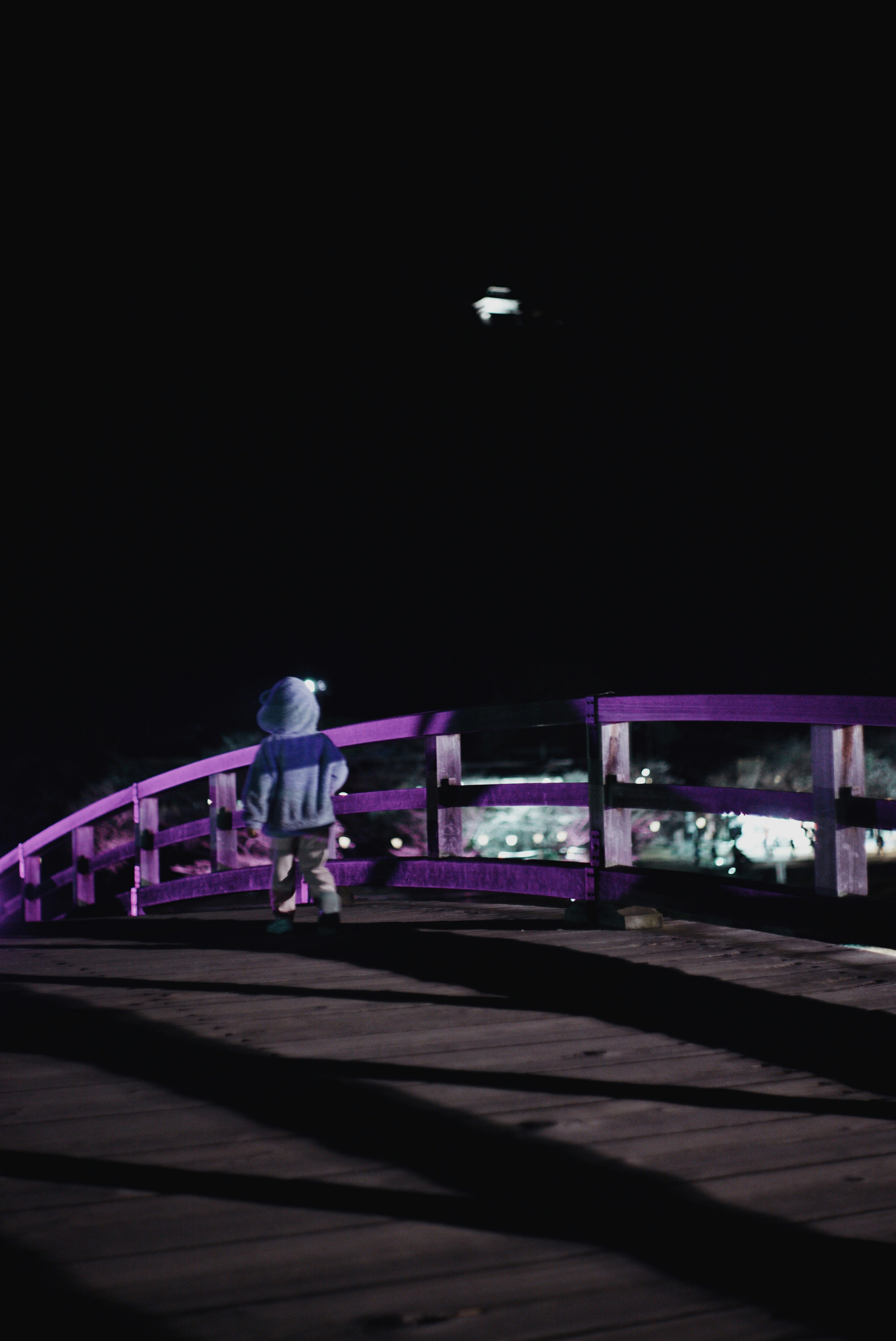 ライトアップされた錦帯橋の木製アーチと欄干の夜景