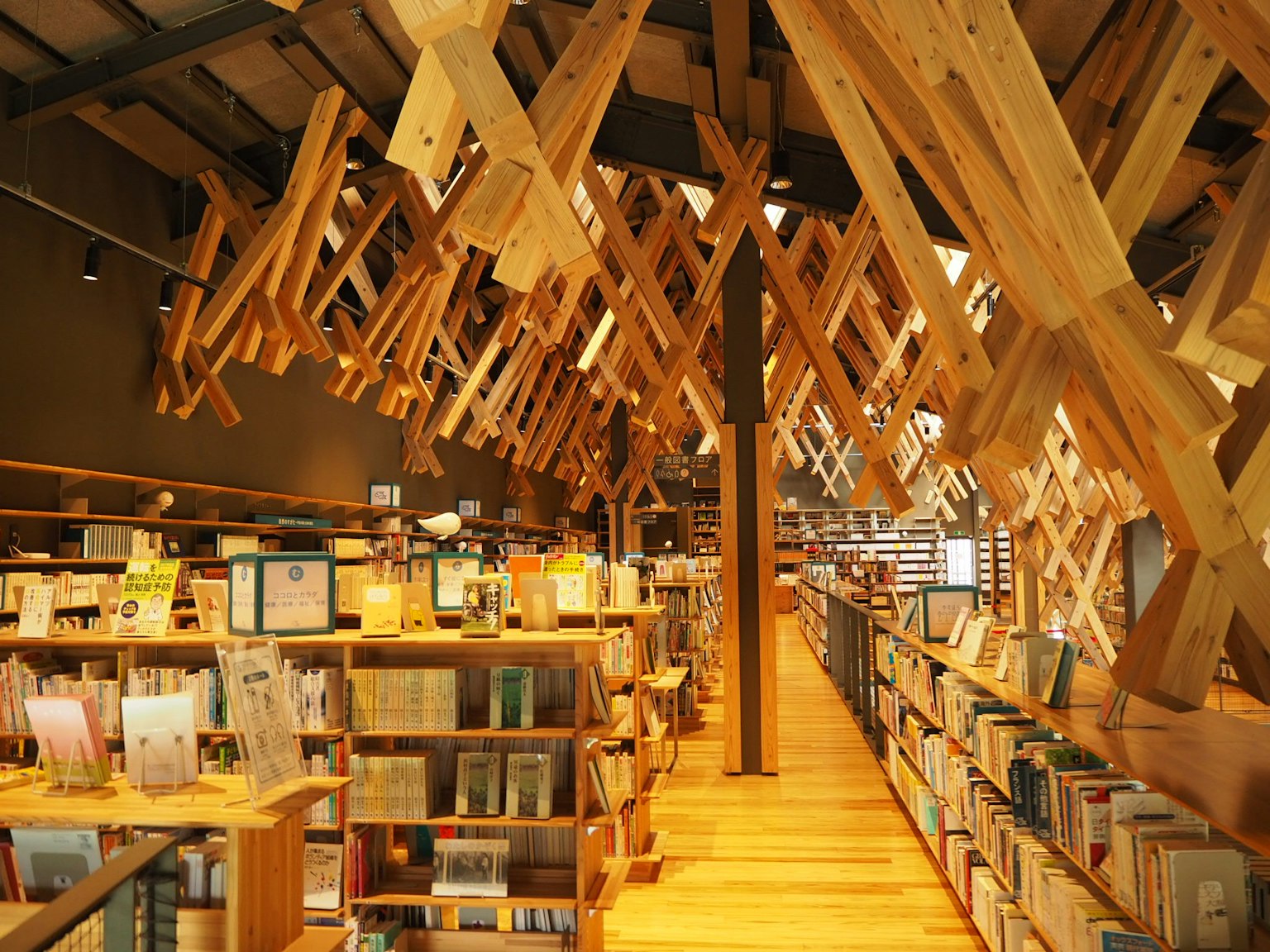 Interno di una biblioteca moderna con travi in legno e scaffali