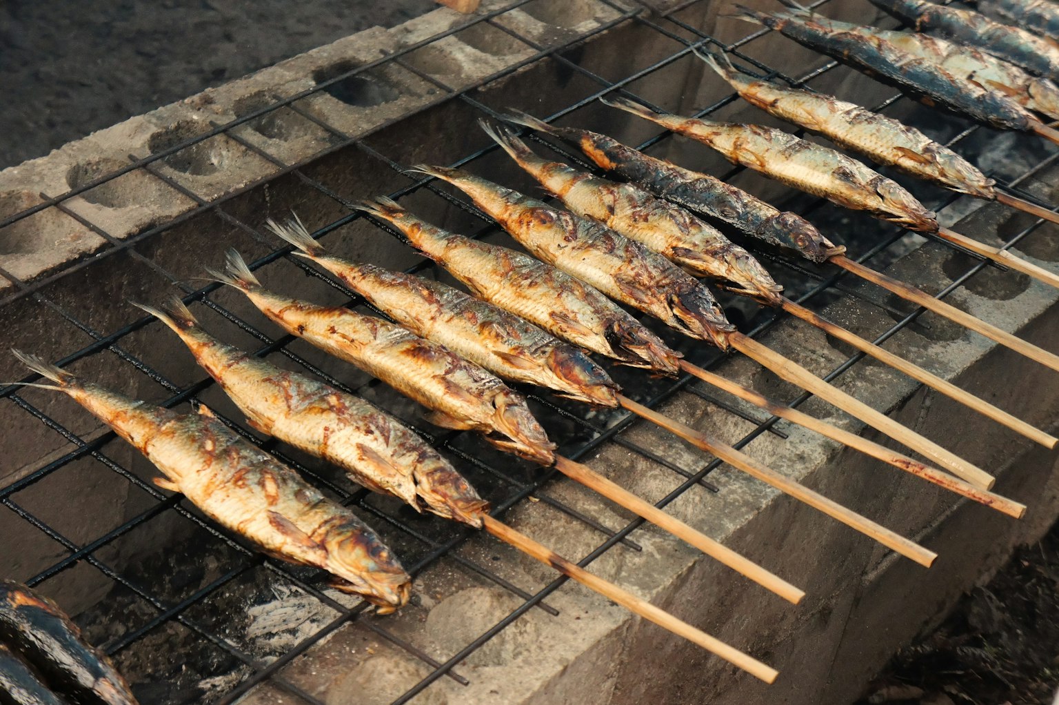 Grilled fish on skewers over an open flame