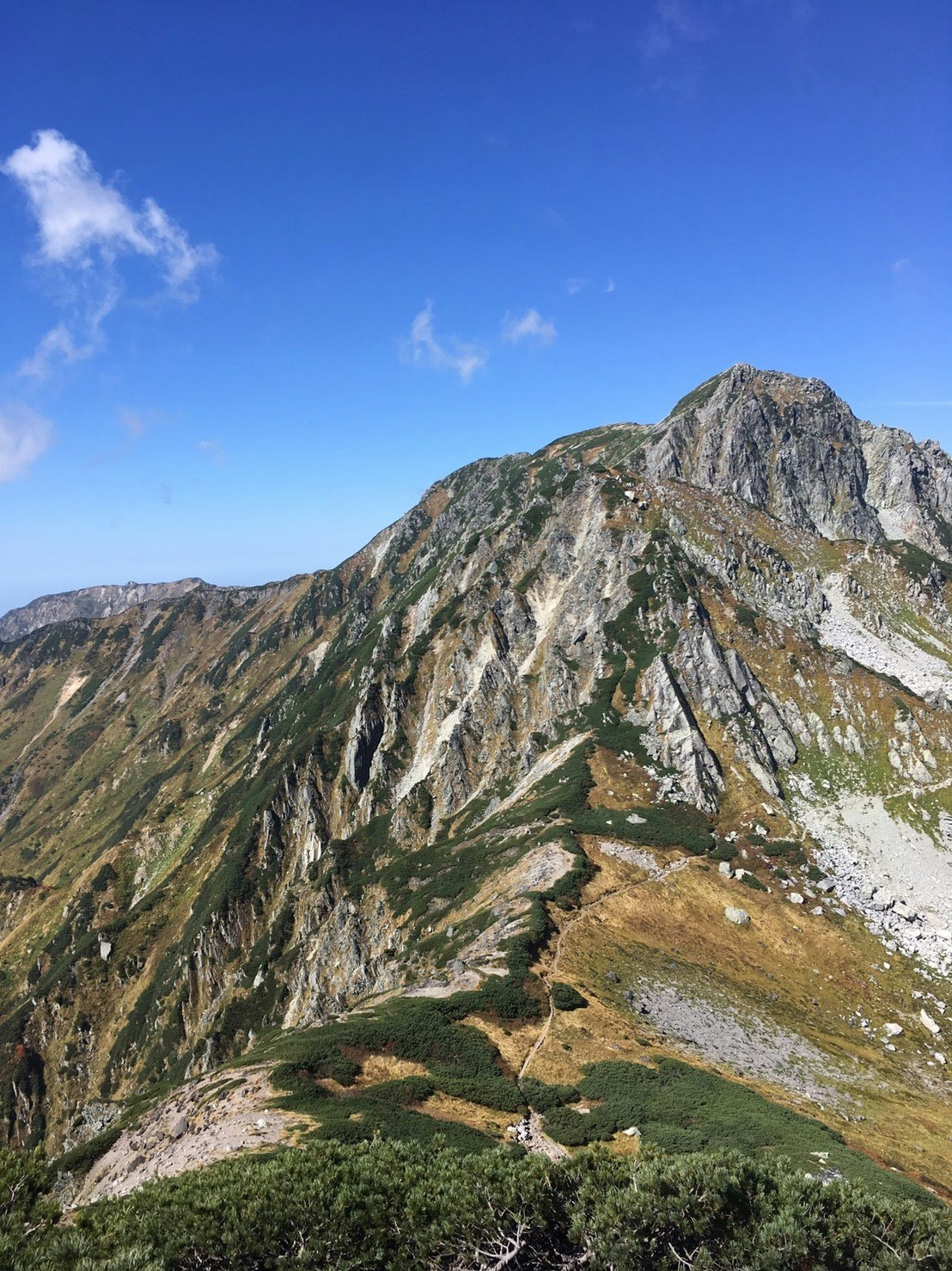 Paesaggio montano con sentiero escursionistico e cresta delle Alpi Settentrionali
