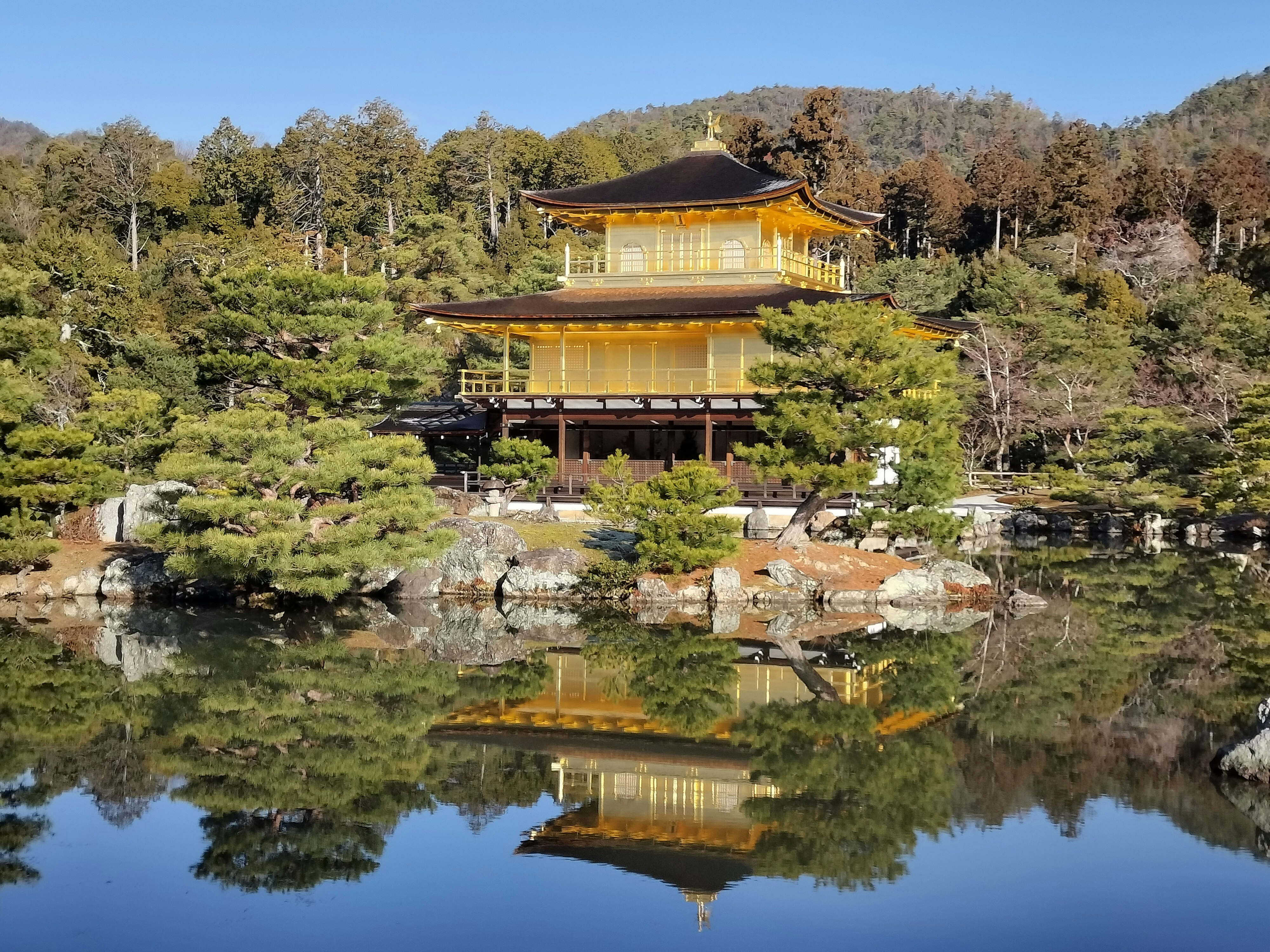 Scenic view of Kinkaku-ji with its reflection in a serene pond