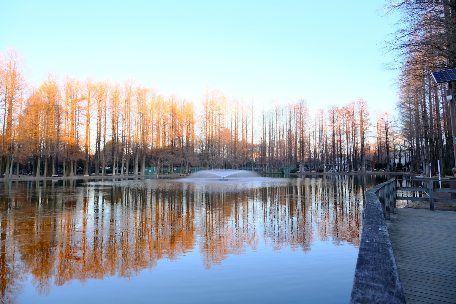 Danau tenang yang memantulkan pohon oranye dan langit biru yang cerah