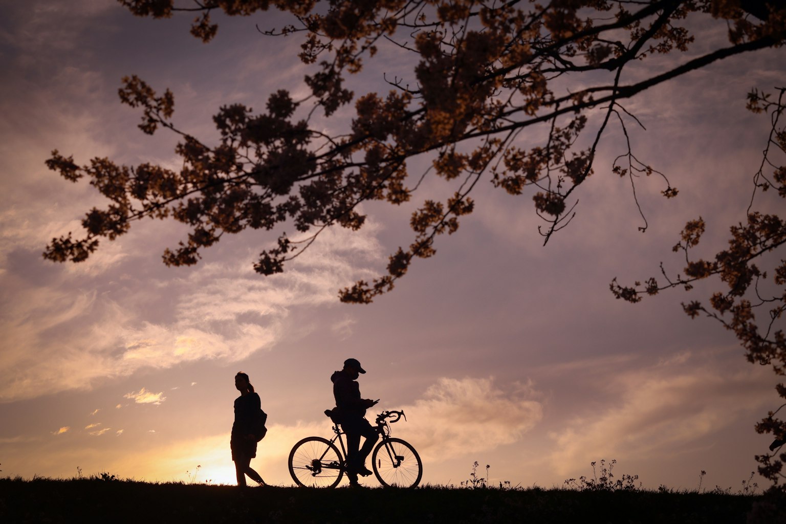 Silhouettes d'une personne marchant et d'une autre à vélo au coucher du soleil