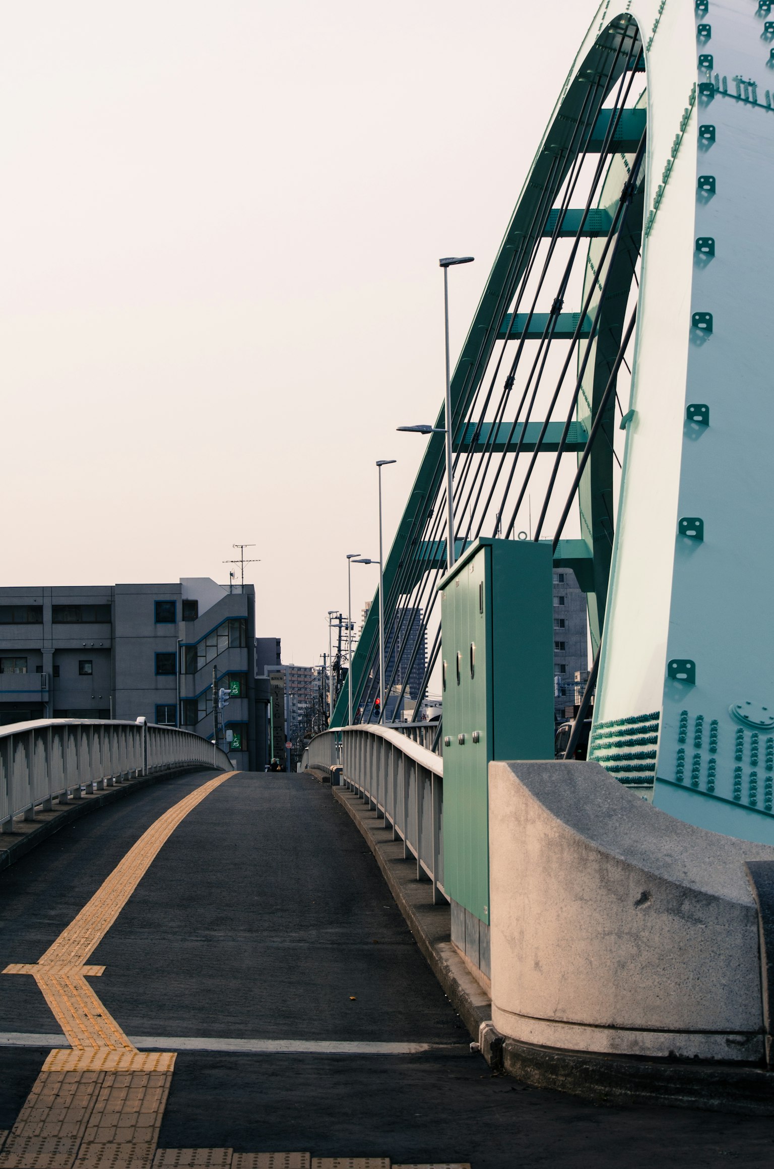 Imagen de un puente verde cruzando un camino pavimentado