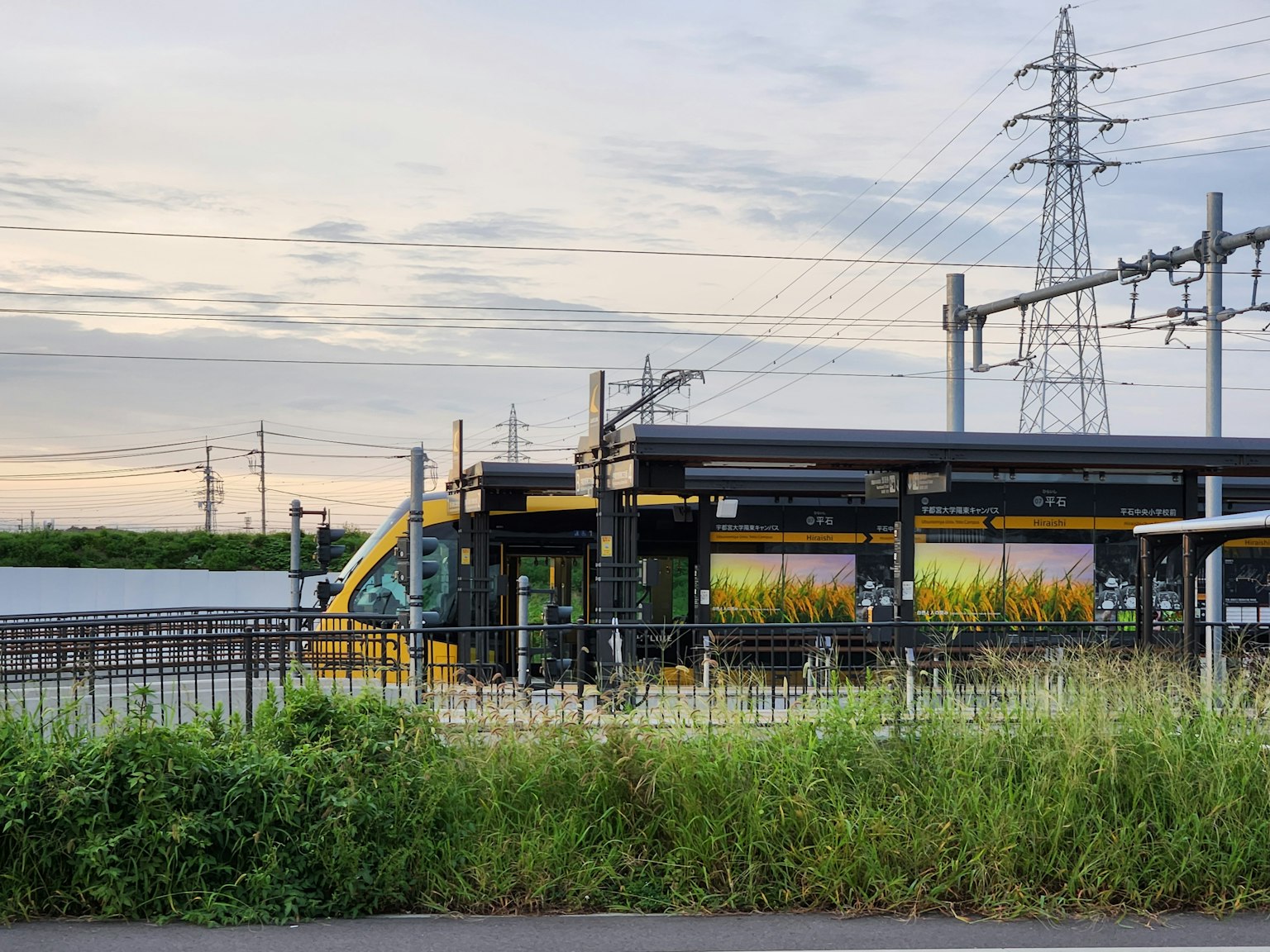 Ein Bahnhofsplatz umgeben von Gras mit Stromleitungen im Hintergrund