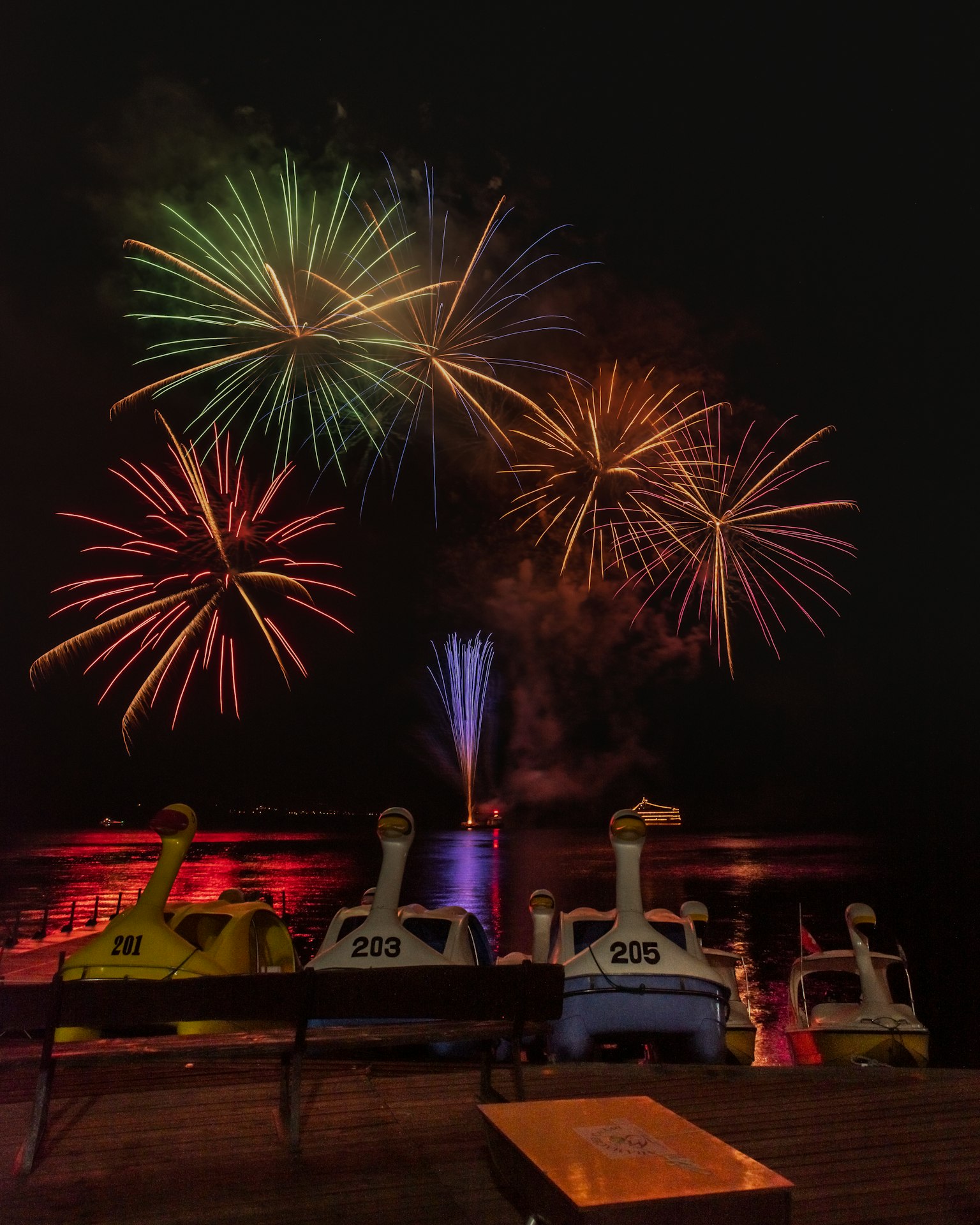 夜空中綻放著絢麗的煙花，而前景中可見遊樂園的遊樂設施