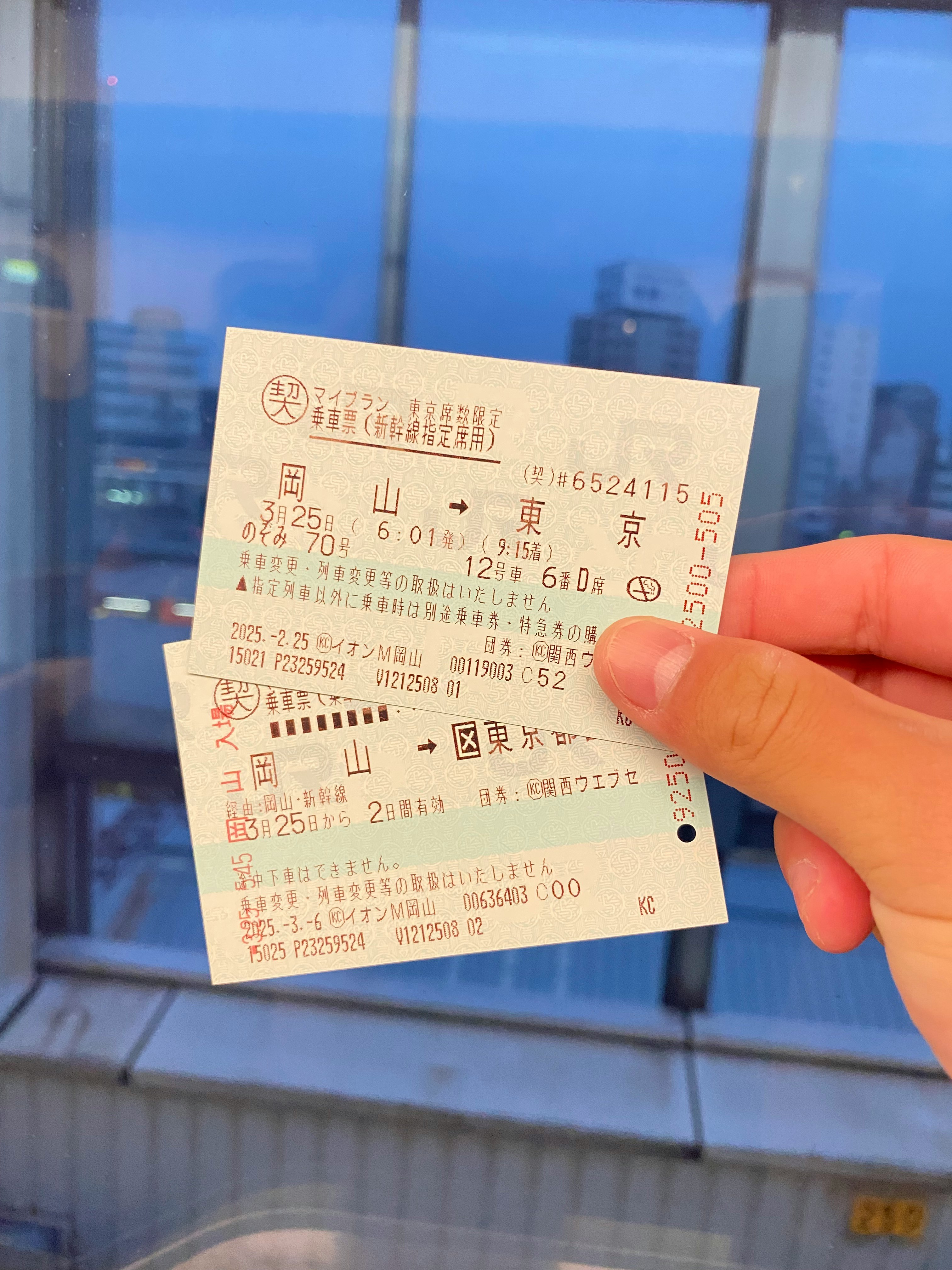 手に持った乗車券（切符）と窓の車内風景