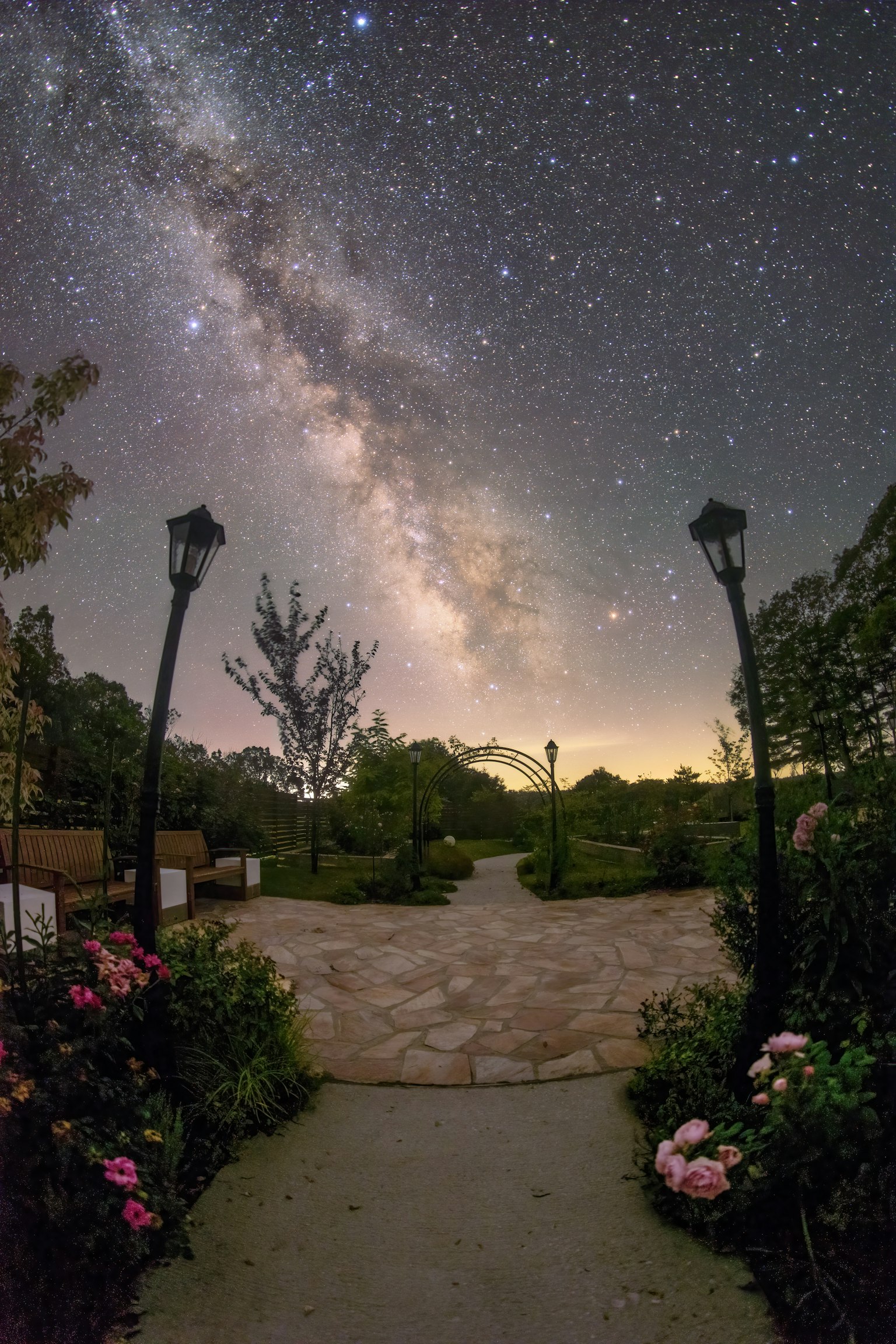 星空下的花園小路和銀河的美景
